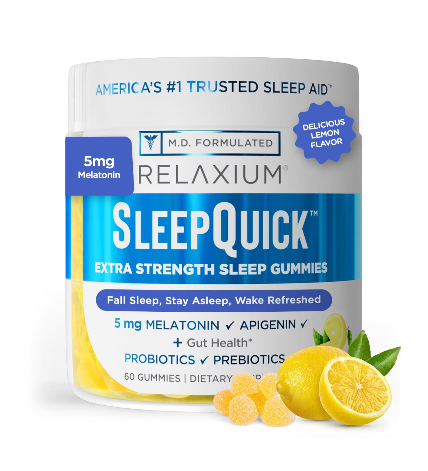 Relaxium SleepQuick Gummies - Sleep Aid + Gut Health & Immune Support, 5 mg Melatonin, Vitamin D-3 + Prebiotic & Probiotic Blend, Gluten & Drug Free, Lemon Flavor, 60 Gummies - Buy Online on GoSupps.com