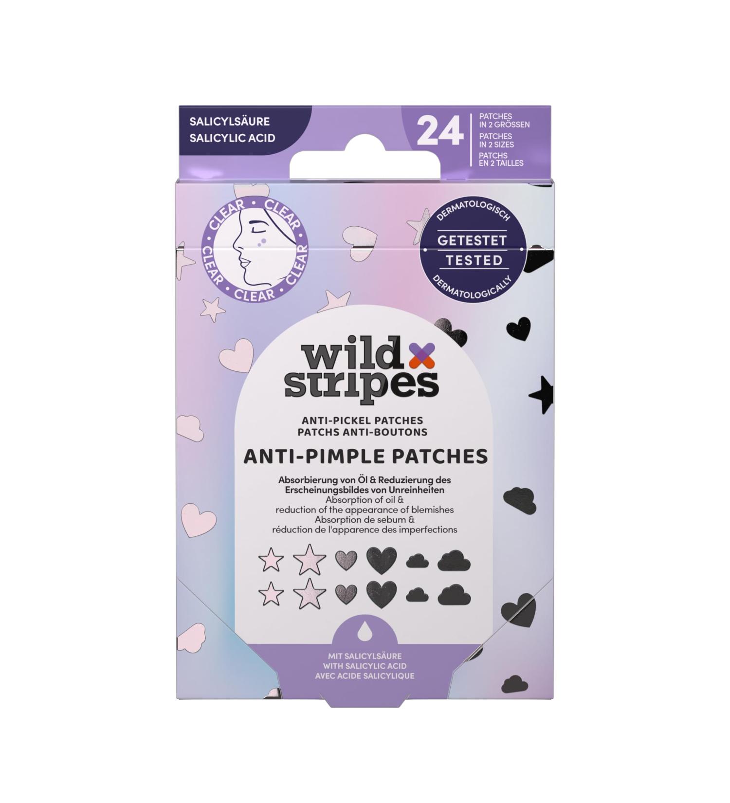 Wild Stripes - Anti-Pimple Patches Holo Clear - Patchs avec acide salicylique pour soin cibl jour et nuit - Rapide et efficace - Anti boutons et points noirs - Peau impure - 24 pcs Acide salicylique 24 unit (Lot de 1) - Buy Online on GoSupps.com