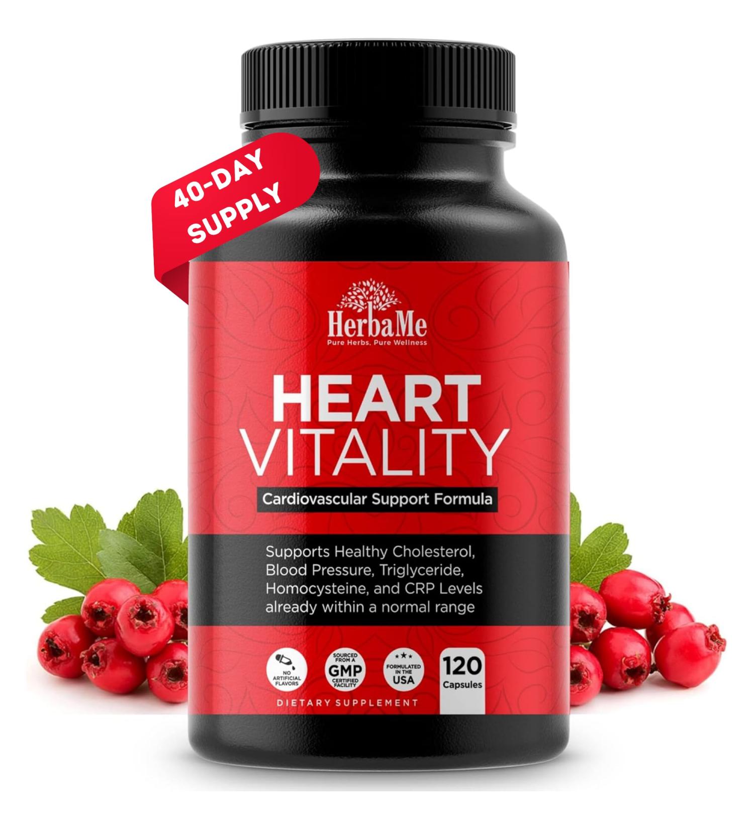 HerbaMe Heart Support and Blood Flow Supplement, 120 Capsules, Supports Cardiovascular Health, Healthy Cholesterol, Triglyceride, Homocysteine, CRP Levels | Boost Naturally Circulatory Function - Buy Online on GoSupps.com