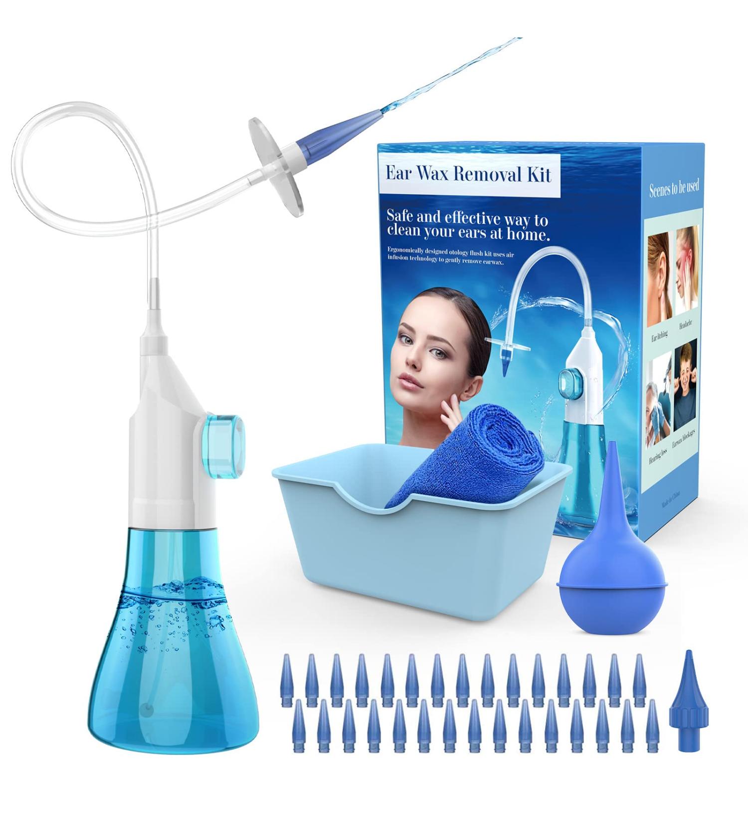 Ear Wax Removal Kit | Manual Ear Irrigation System for Adults & Kids | Includes Basin, Towel, and 31 Disposable Tips - Buy Online on GoSupps.com