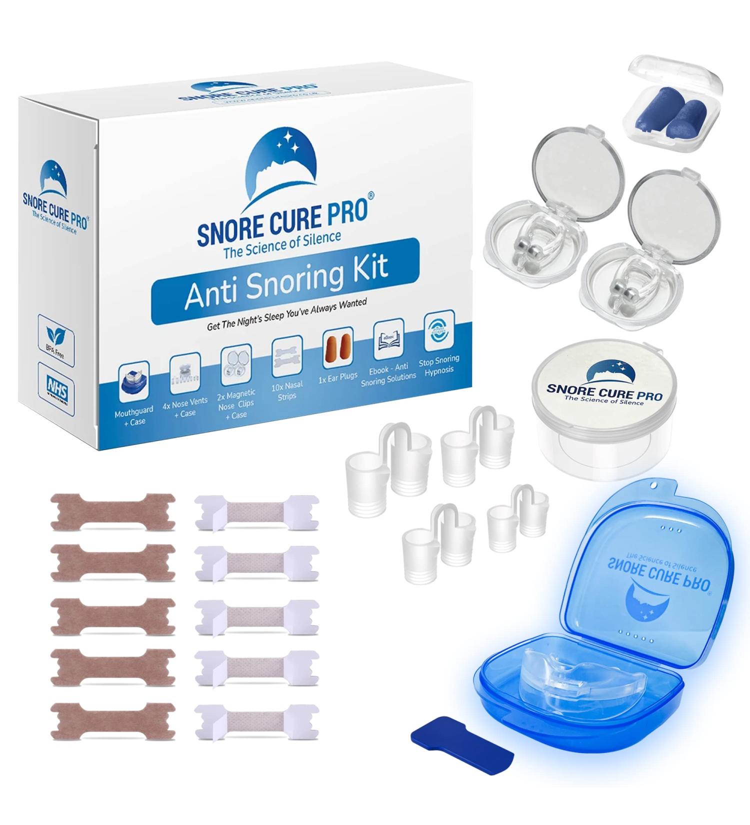 Premium Anti Snore Devices Kit | Mouth Guard, Nasal Strips, Nose Vents, Clips, Ear Plugs + Hypnosis Recording & Ebook | Stop Snoring Aids for Men & Women - Buy Online on GoSupps.com