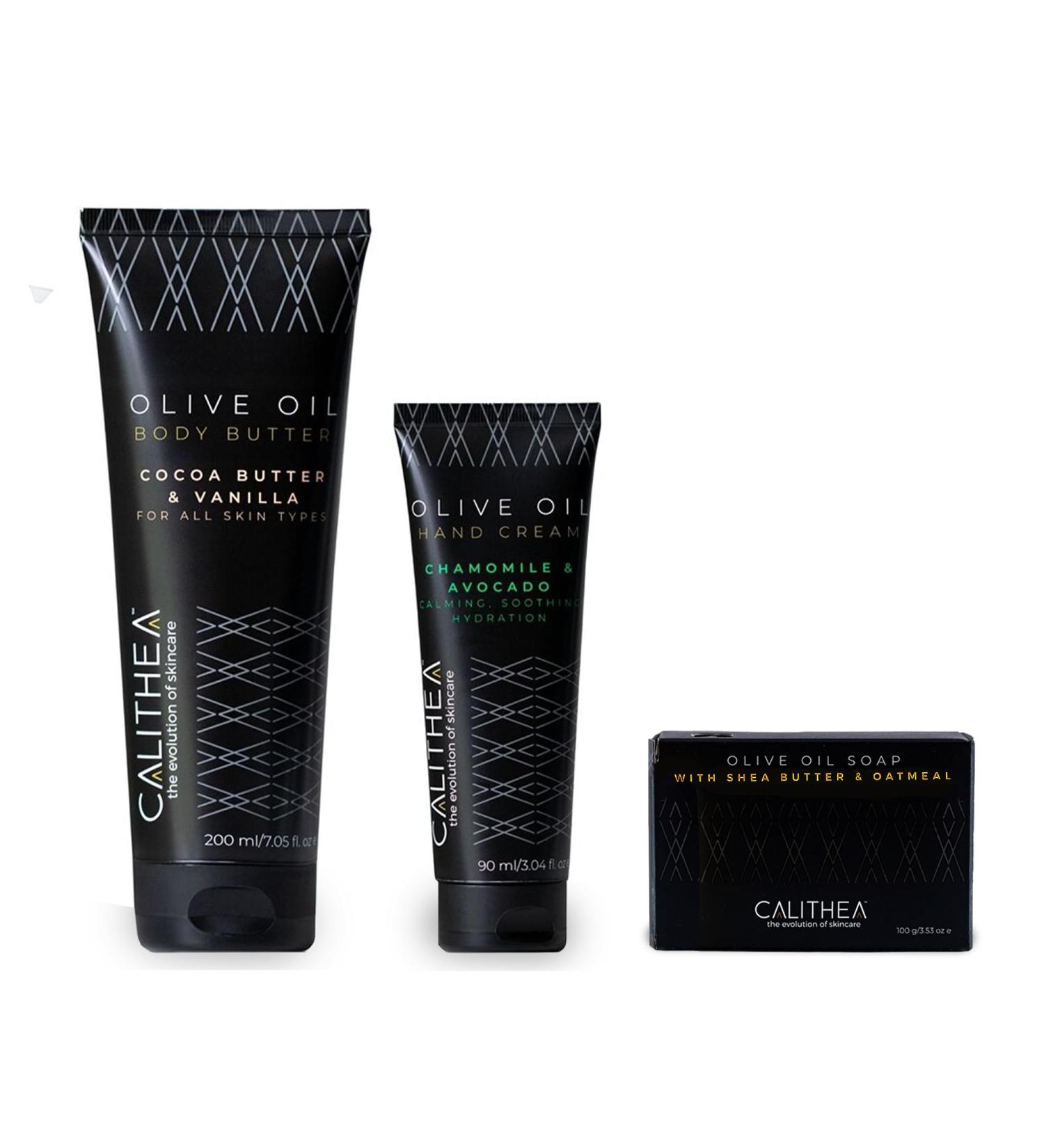 Calithea 3-Step Body Set: Cocoa Butter & Vanilla Body Butter, Hand Cream with Chamomile & Avocado, Shea Butter & Oatmeal Soap Body Set with Shea Butter & Oatmeal Soap - Buy Online on GoSupps.com