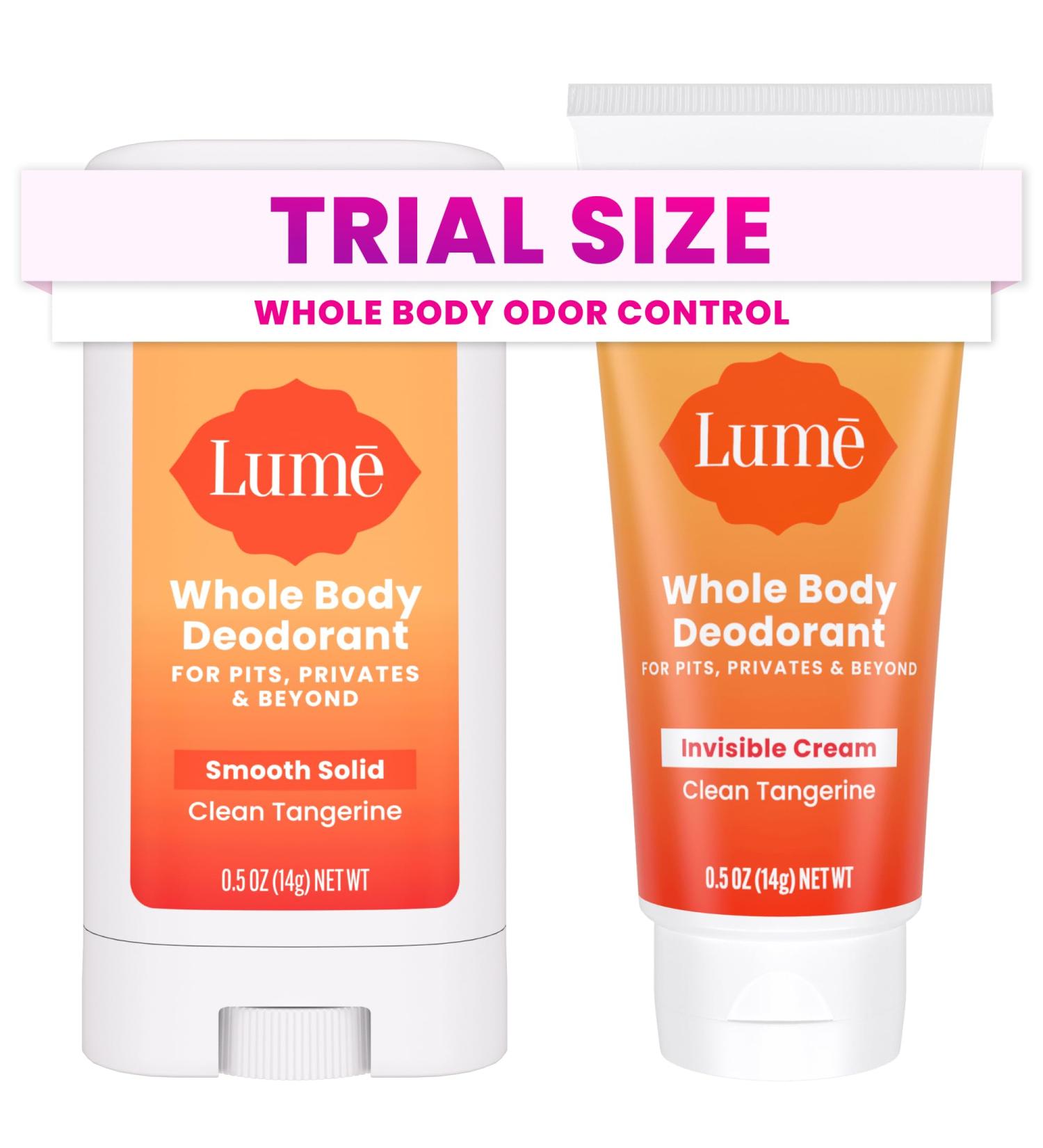 Lume Whole Body Deodorant - Invisible Cream + Solid Stick Mini Bundle - 72 Hour Odor Control - Aluminum & Baking Soda Free Skin Loving - 0.5 Ounce Each - Travel Trial Size Minis (Clean Tangerine) - Buy Online on GoSupps.com