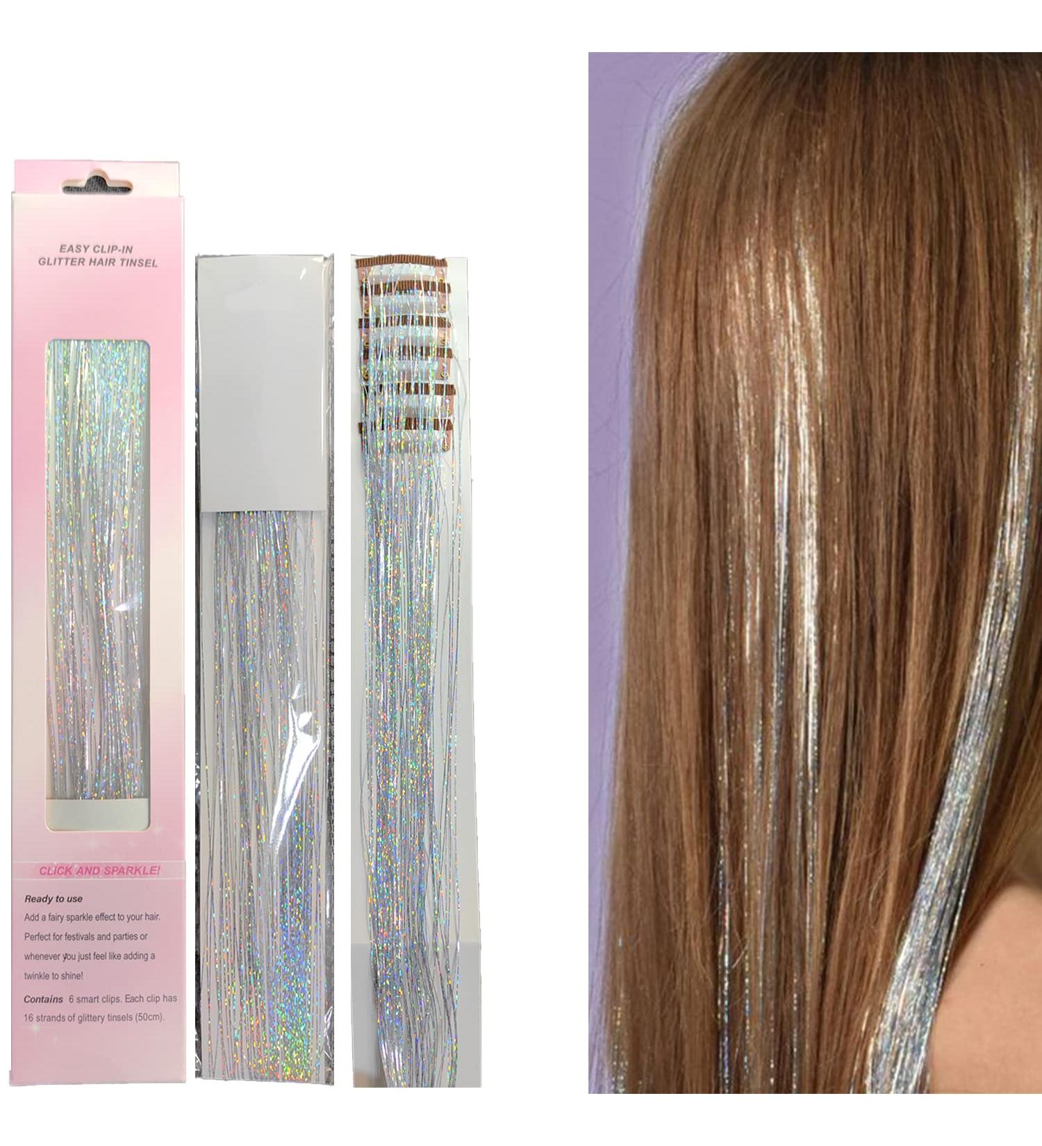 Shining Silver Clip-in Hair Tinsel Kit - 6Pcs 20 Inch Glitter Extensions with Clips for Women, Girls, Kids - Heat Resistant Fairy Sparkle Strands - Festival Gift - Buy Online on GoSupps.com