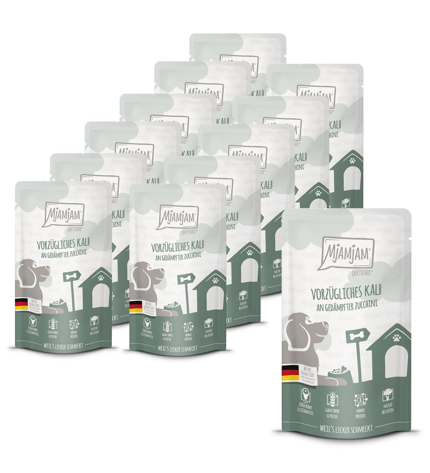 MjAMjAM - Premium wet food for dogs - Quetschie - succulent veal meat with duck accompanied by steamed zucchini pack of 12 (12 x 125g)