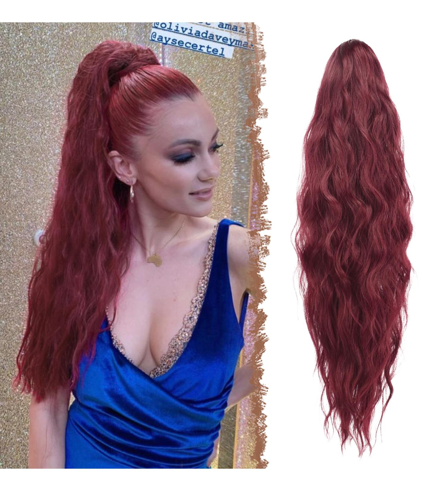 65cm Burgundy Fine Long Braid Ponytail Hair Extension - Natural Curly Synthetic Clip-In for Women - Buy Online on GoSupps.com