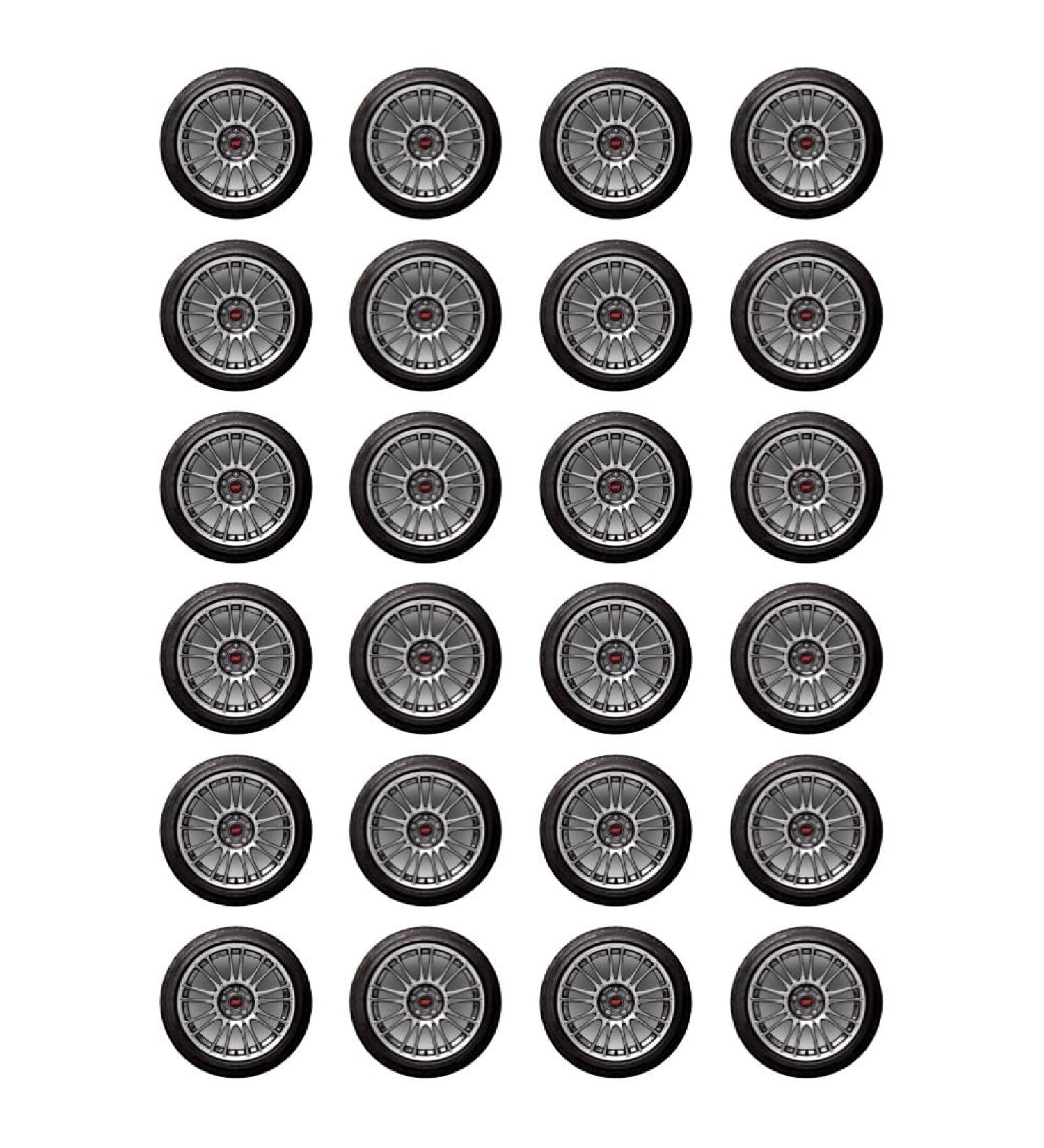 24 x Car Tyre Wheel Rim Edible Wafer or Icing Cupcake Toppers Fun Xmas Party Cake Decorations (Edible Wafer Card)