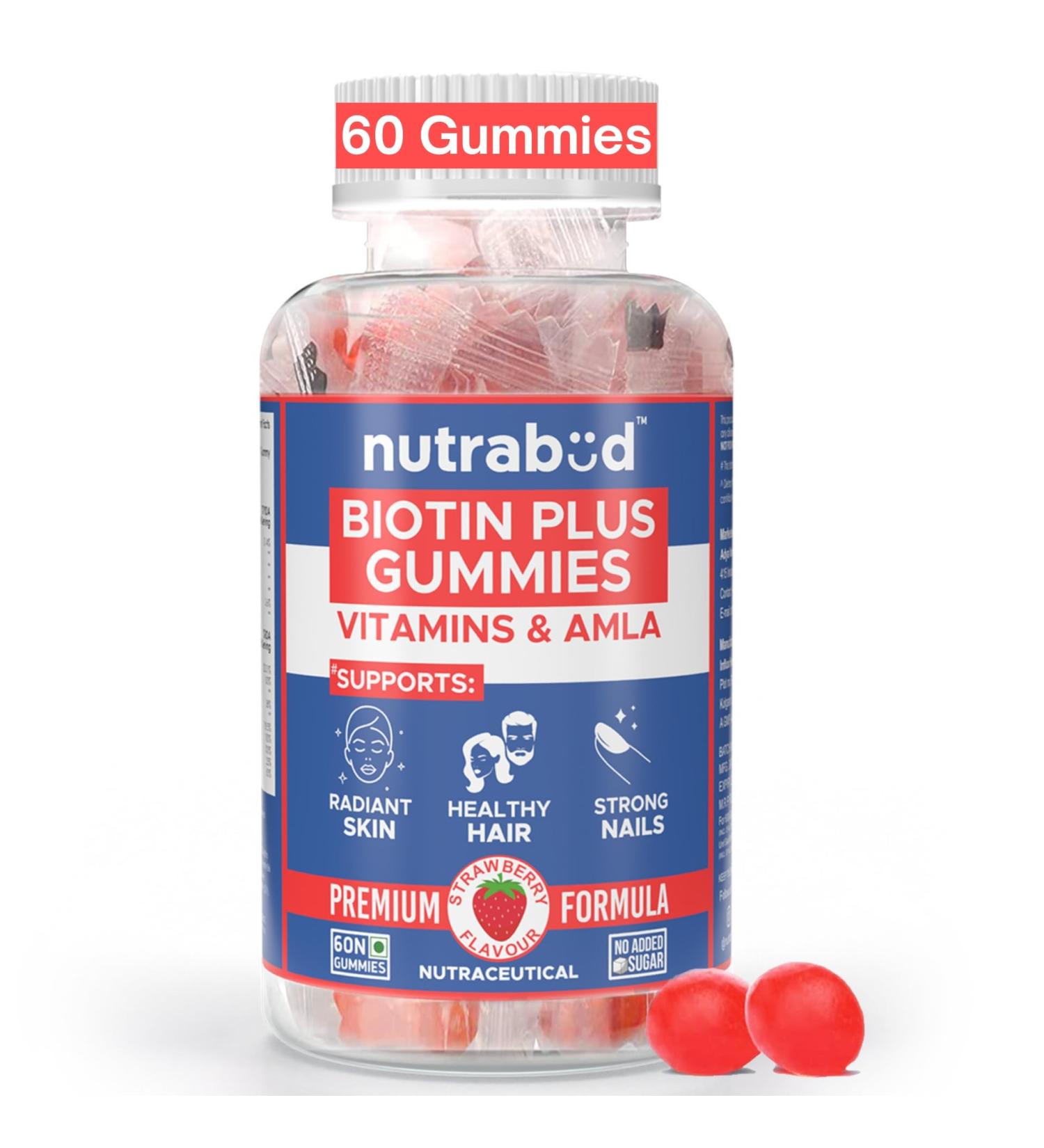 Nutrabud Biotin Hair Gummies For Women Men | No Added Sugar | For Healthy Hair Growth Skin Glow & Strong Nails | Strawberry Flavor Veg Gummy Bear Supplement - 60 Count (Pack of 1) - Buy Online on GoSupps.com