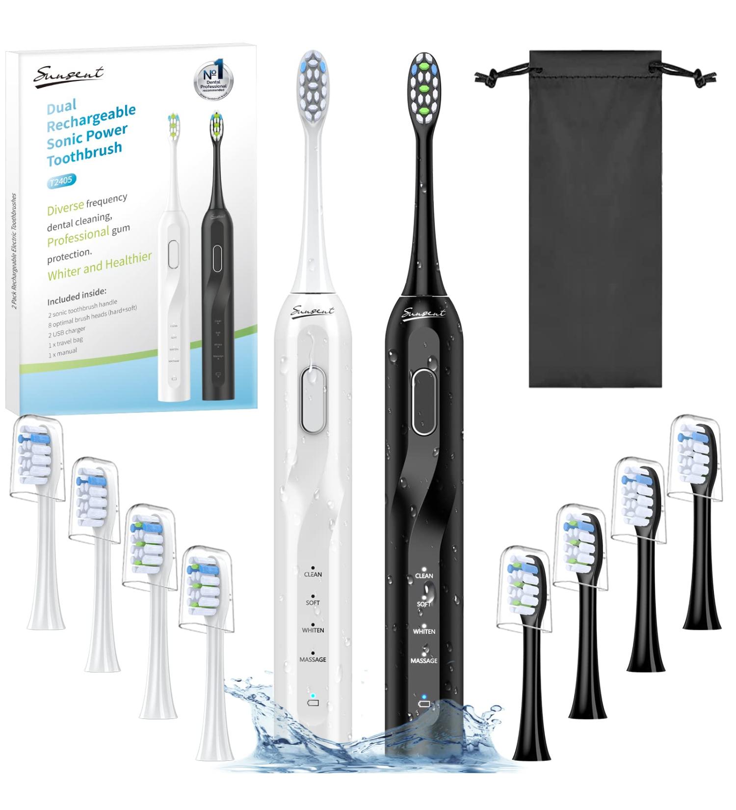 2 Pack Quiet Electric Toothbrushes - Rechargeable Sonic Power, 8 Bristles, 4 Modes, 48000 VPM Motor, Waterproof, Smart Timer, Wireless Charging - 100 Days of Use - Buy Online on GoSupps.com