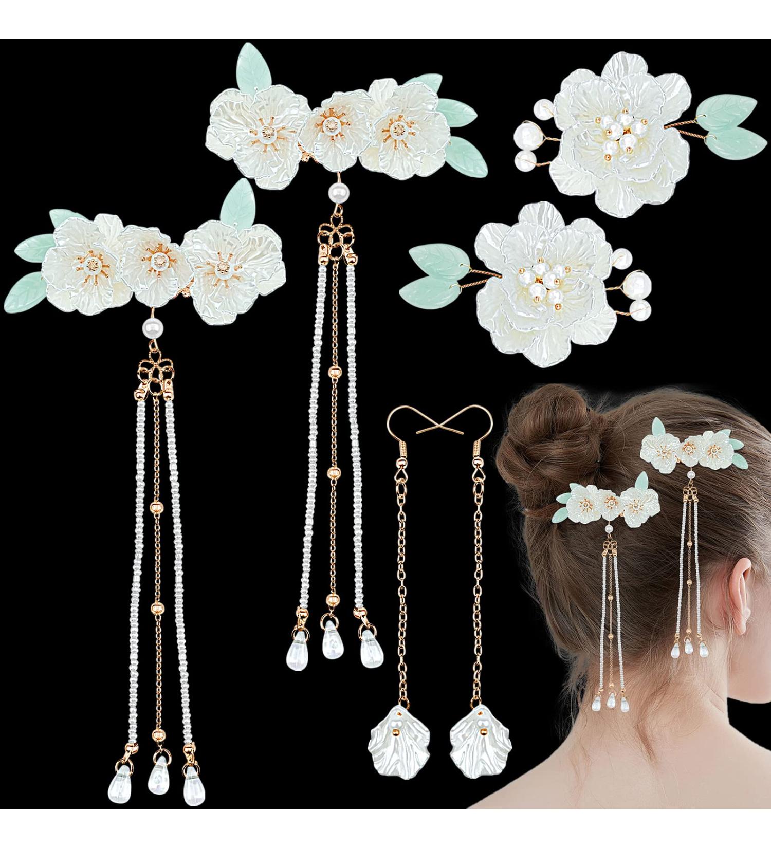 White Vintage Flower Pearl Barrette Earring Tassel Hair Pin Set - 3 Pairs | Kawaii Kimono Floral Hair Accessories for Women - Buy Online on GoSupps.com