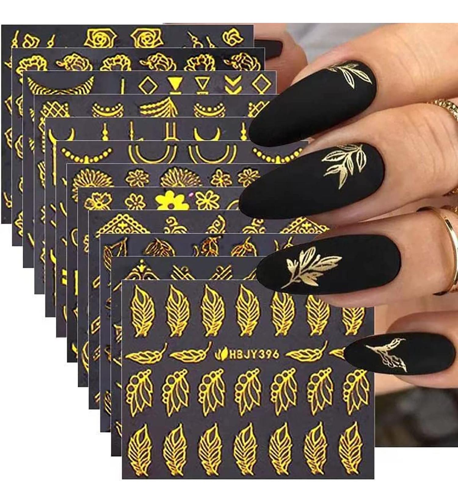 Gold Flowers Nail Stickers Decals - Self-Adhesive 3D Golden Line Supplies for DIY Manicure - Nail Art Decoration for Women and Girls - Buy Online on GoSupps.com