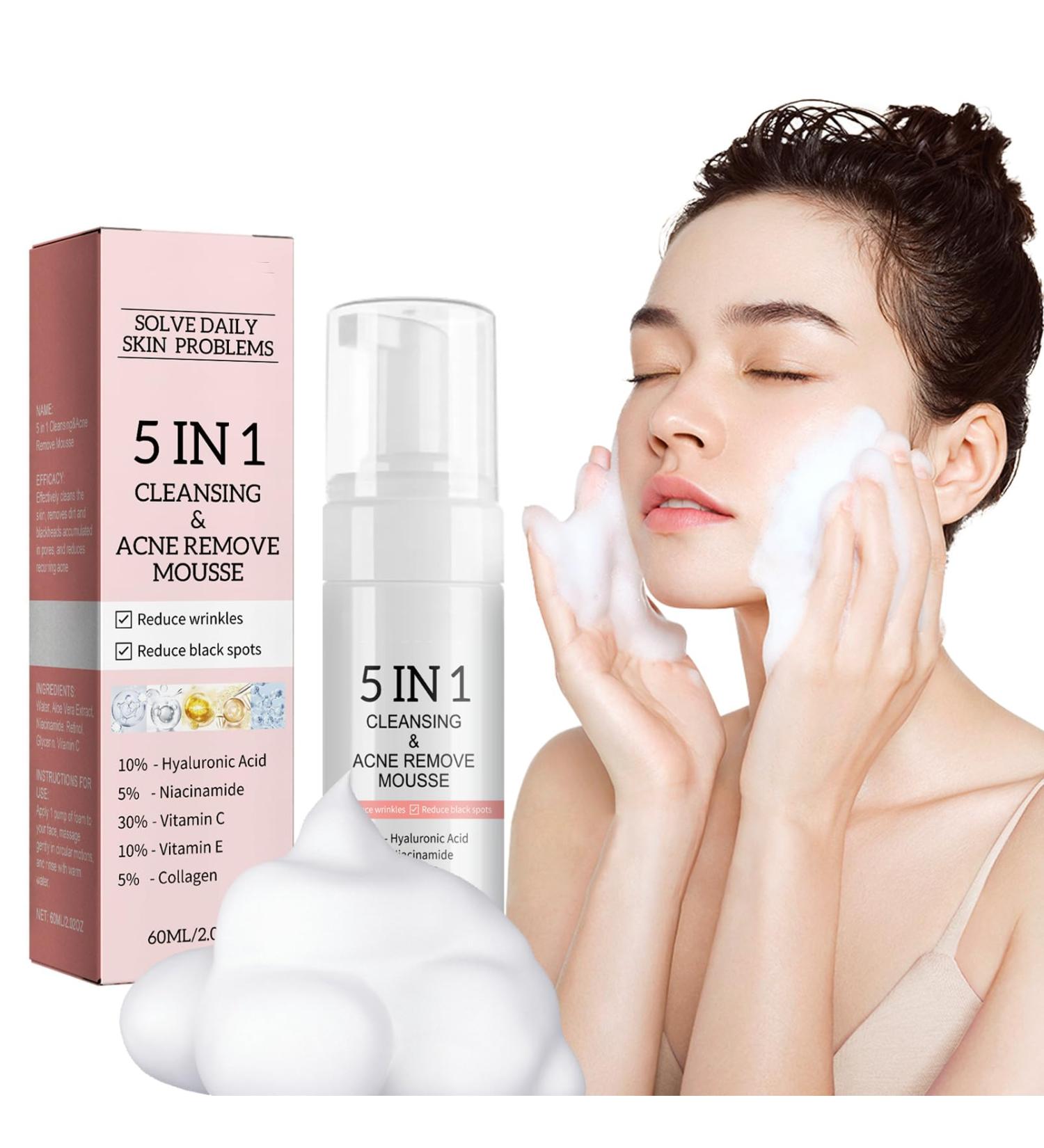 5 in 1 Foaming Cream Cleanser Blackhead Deep Pore Facial Cleansing Mousse Face Cleanser Oily Skin Face Wash with Niacinamide & Hyaluronic Acid Removes Excess Oil Unclogs Pores & Reduces Blackheads - Buy Online on GoSupps.com