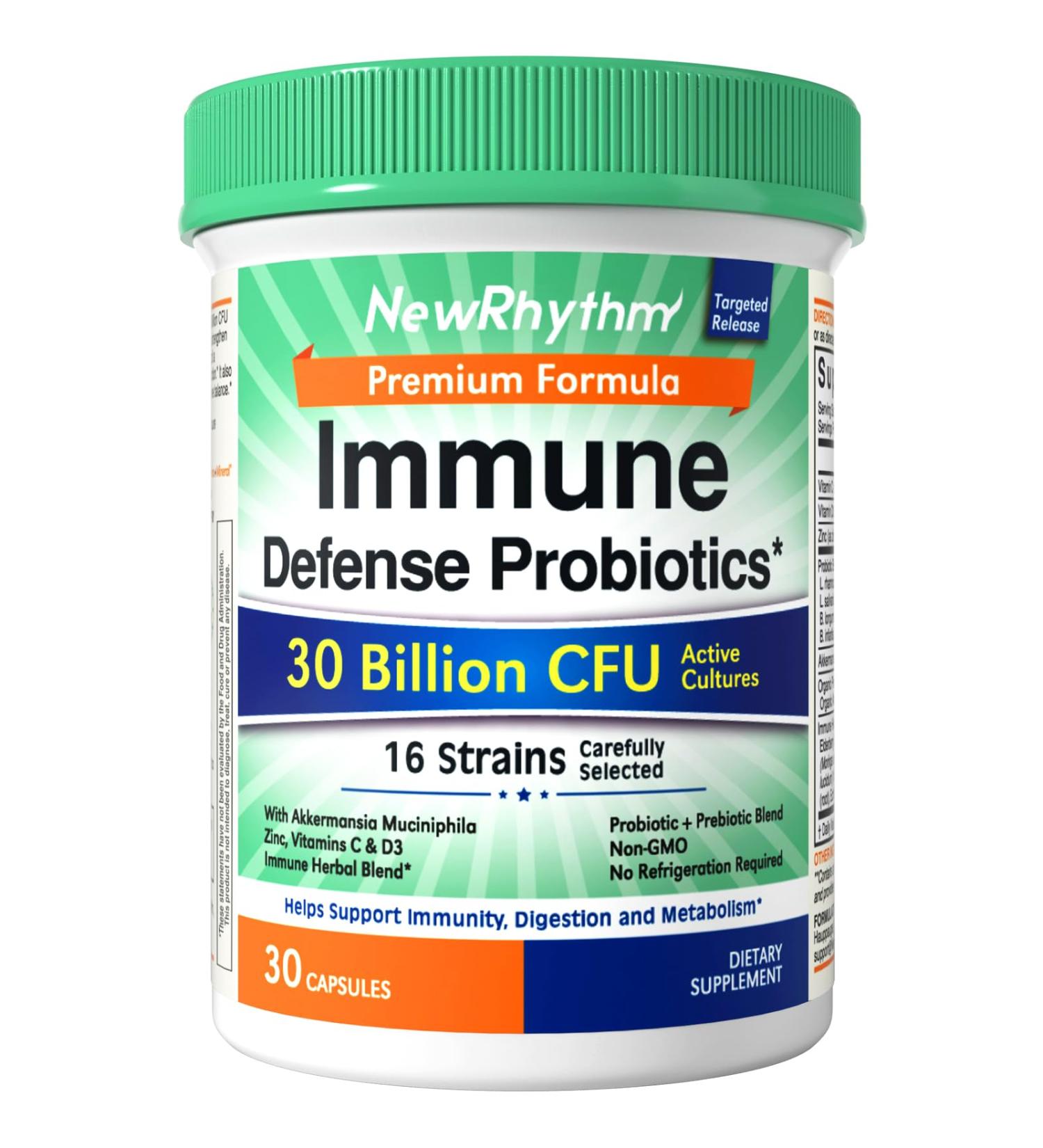 NewRhythm Probiotics for Immune Support Akkermansia Probiotic Supplement for Women & Men 30 Billion CFU 16 Strains Plus Zinc Vitamin C & D3 Elderberry & Echinacea Non-GMO 30 Capsules - Buy Online on GoSupps.com