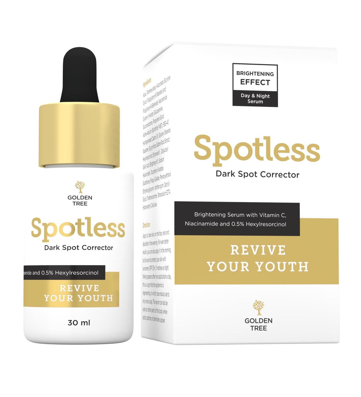 Golden Tree Spotless Dark Spots Face Serum - Day and Night Dark Spot Corrector - Skin Care Formula with Brightening Effect - Brightening Face Serum with VitaminC Niacinamide and 0 5% Hexylresorcinol - Buy Online on GoSupps.com