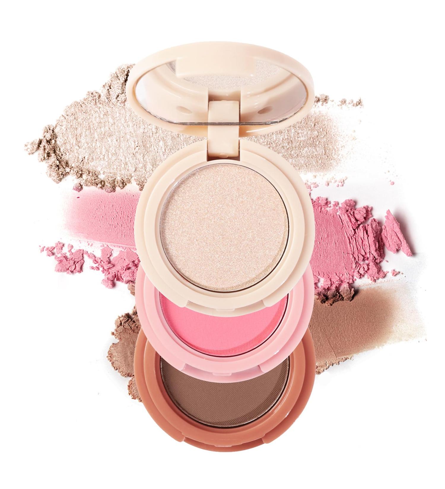 Erinde Mini Highlighter Bronzer & Blush Powder Palette Matte Shimmer Powder Makeup Tiny Face Palette with Mirror All in One Blendable Travel Friendly Cruelty Free 3 Colours #04 - Buy Online on GoSupps.com