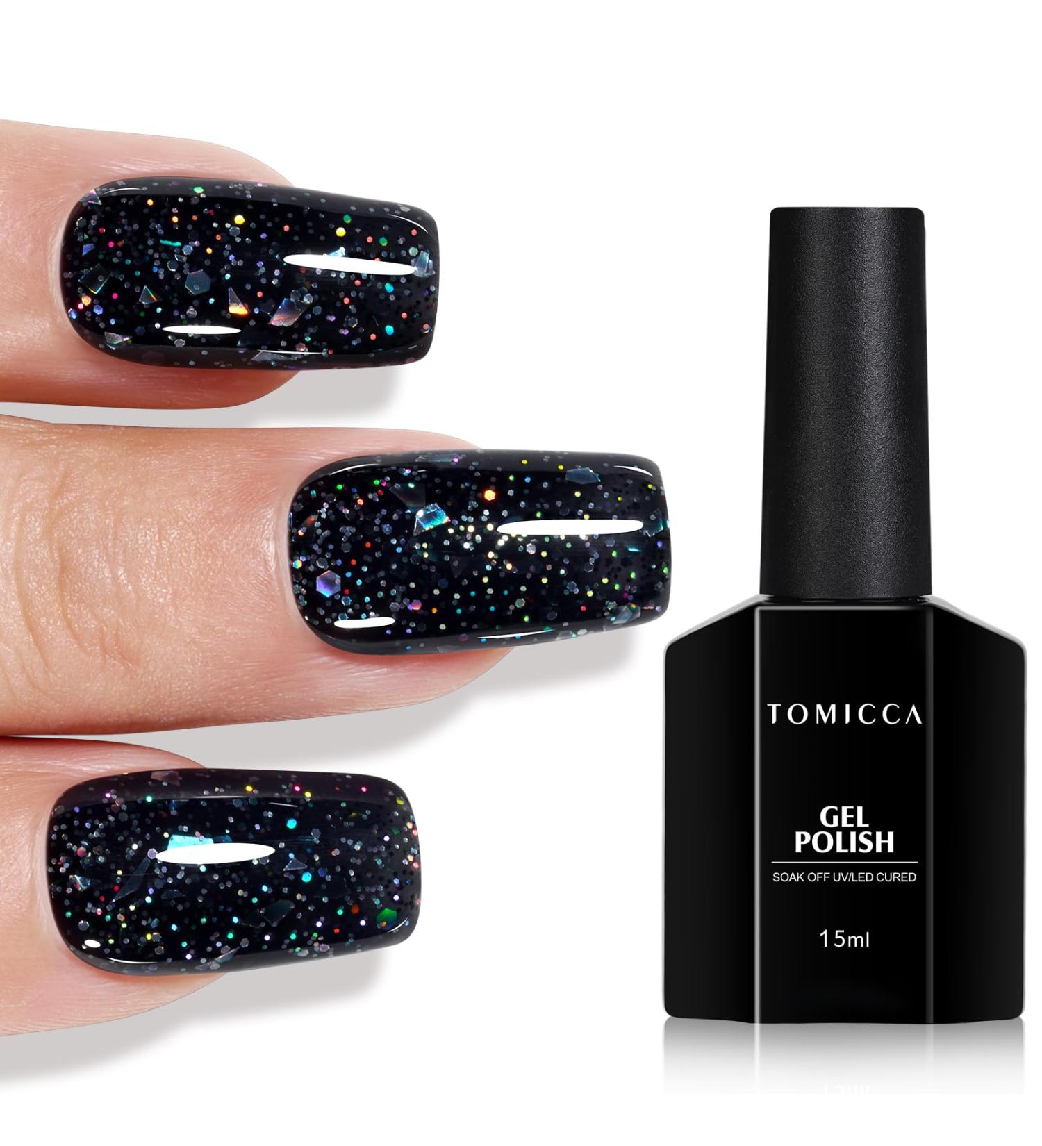 Tomicca UV Nail Polish Glitter Black - 15ml Gel Nail Varnish | Soak Off Black Glitter Gel for Perfect Manicure - Buy Online on GoSupps.com