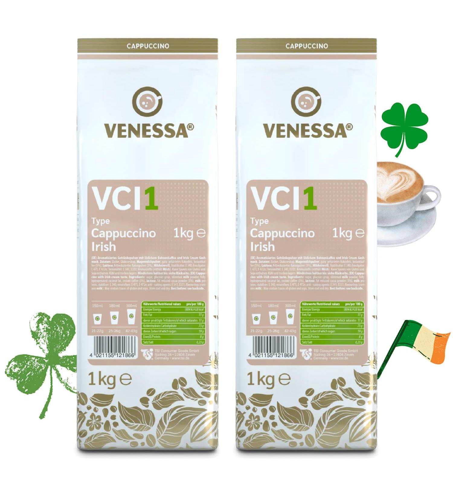 VENESSA Cappuccino Irish VCI1 Flavoured powdered drink 2 x 1 kg with soluble coffee economical with creamy consistency compatible with automatic machine - Buy Online on GoSupps.com