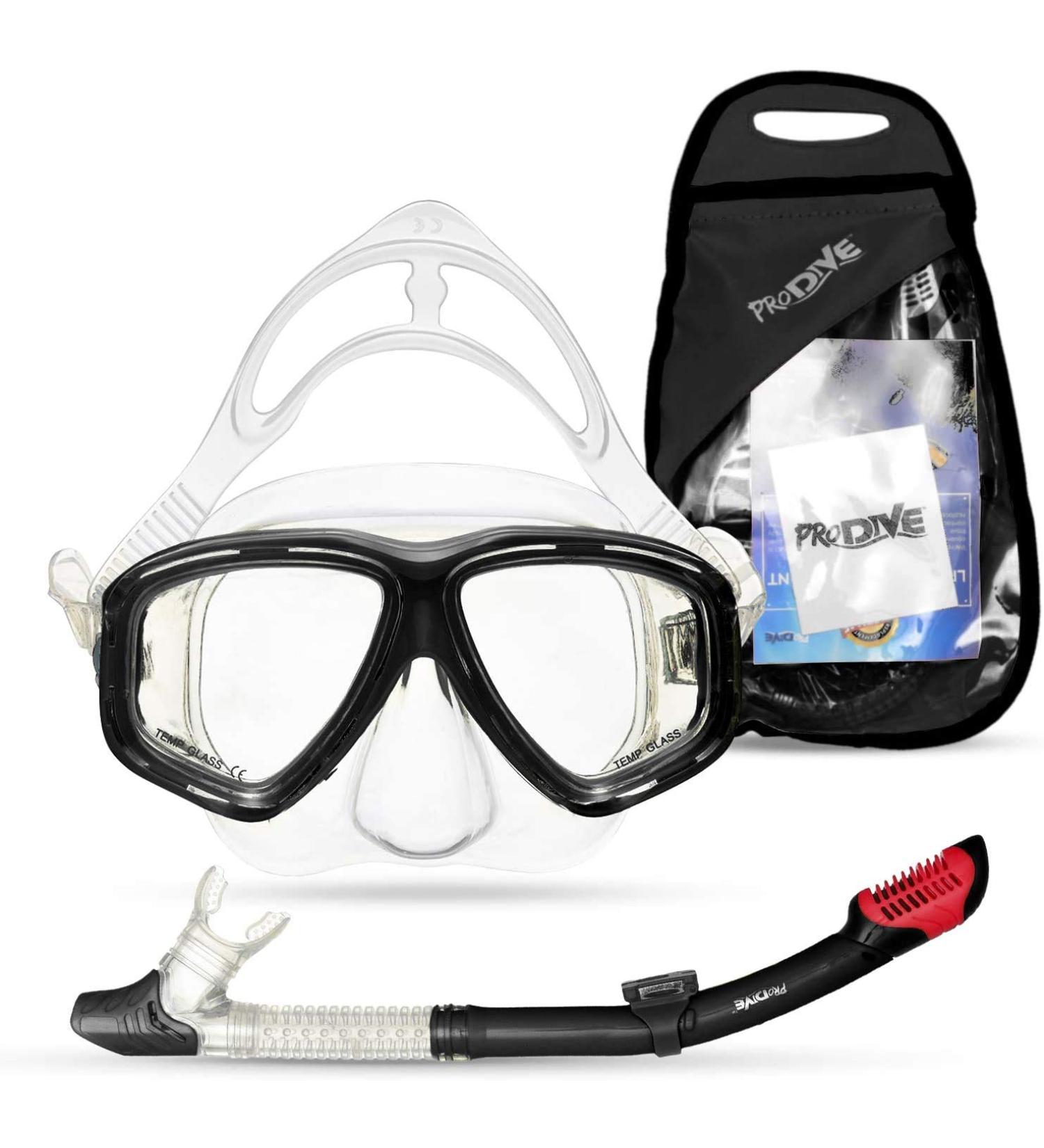 PRODIVE Premium Dry Top Snorkel Set - Impact Resistant Tempered Glass Diving Mask, Anti-Fog Lens, Adjustable Strap, Waterproof Bag - Black Adults - Buy Online on GoSupps.com