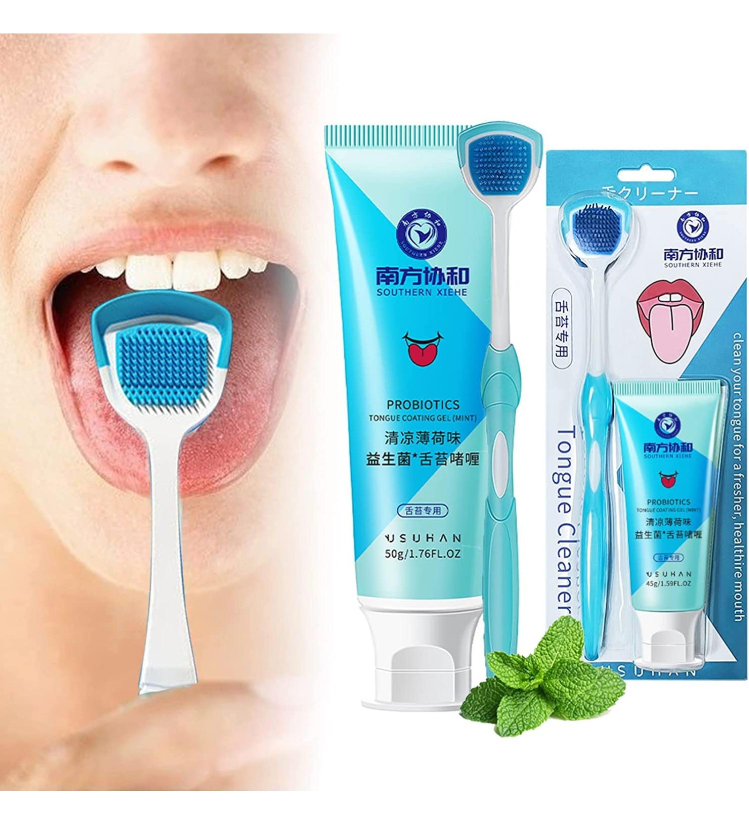 Probiotic Tongue Cleaning Gel & Brush Set - Fresh Breath Oral Hygiene | Mint Flavor - Buy Online on GoSupps.com