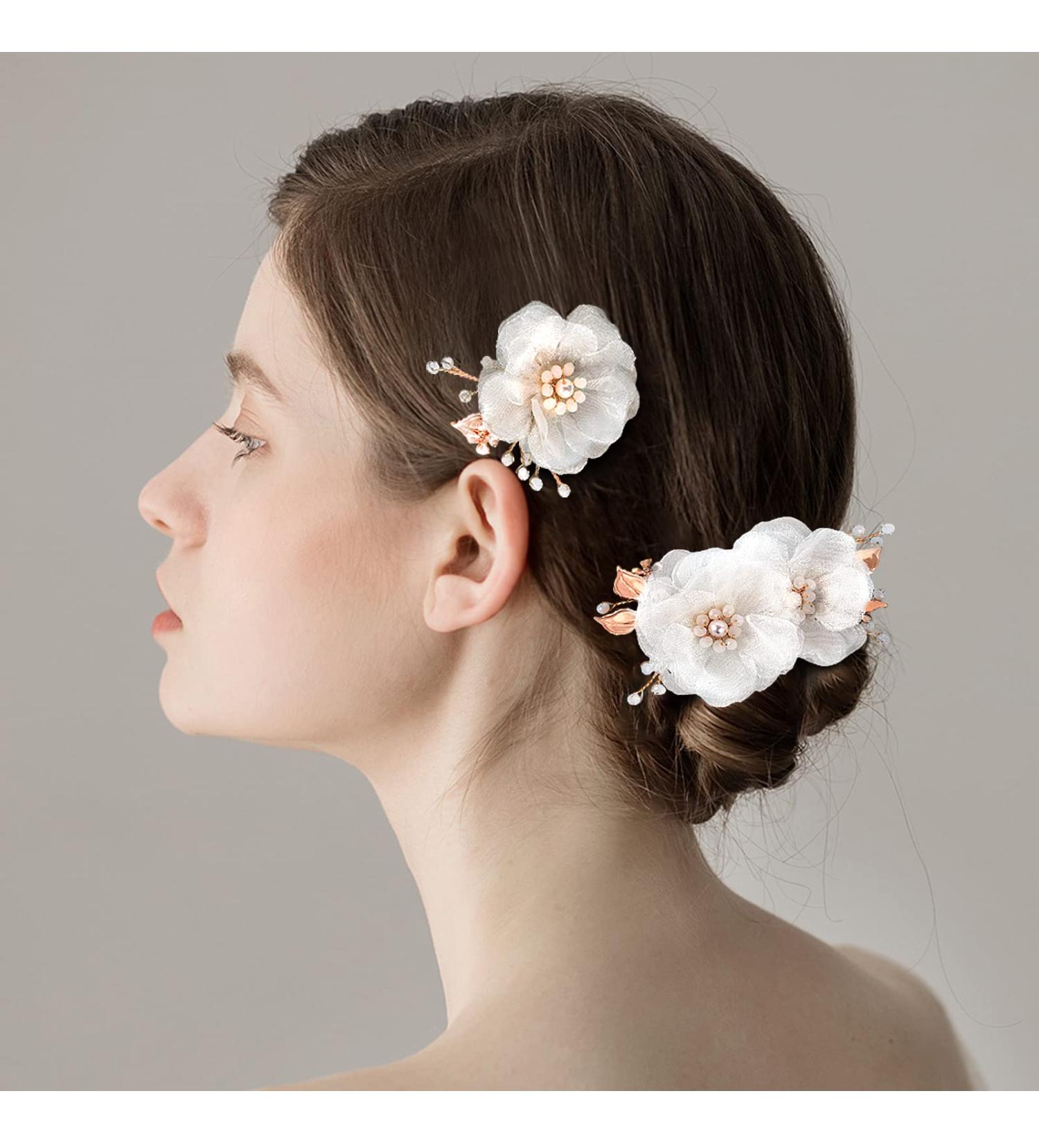 2 Pcs Flower Hair Clips - White Bridal Hair Pins with Metal Rose Gold Leaf - Elegant Hair Comb for Summer Beach Wedding and Special Occasions - Buy Online on GoSupps.com