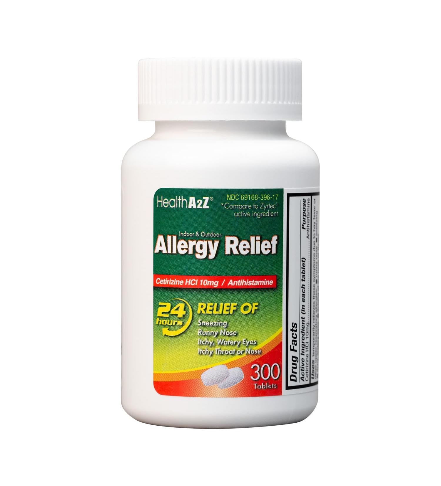 HealthA2Z Allergy Relief | 300 Tablets Cetirizine 10mg | All Day Indoor & Outdoor Allergy Relief - Buy Online on GoSupps.com