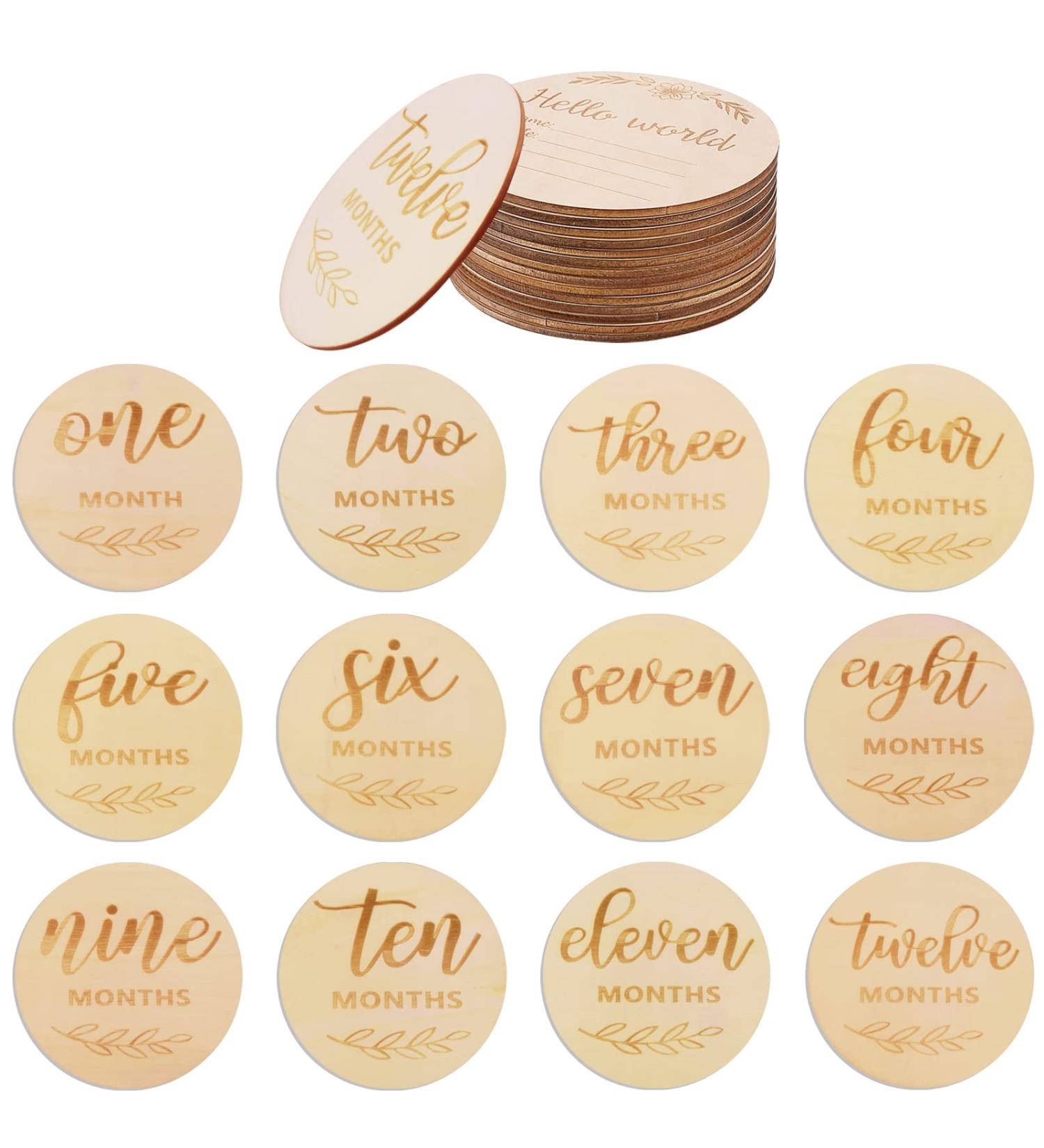 WAIZHIUA 24Pcs Baby Monthly Milestone Cards - Double Sided Wooden Prop for Newborn Photography, Baby Shower, Pregnancy Journey - 10cm Round Cards - Birth Announcement (12 Months) - Buy Online on GoSupps.com