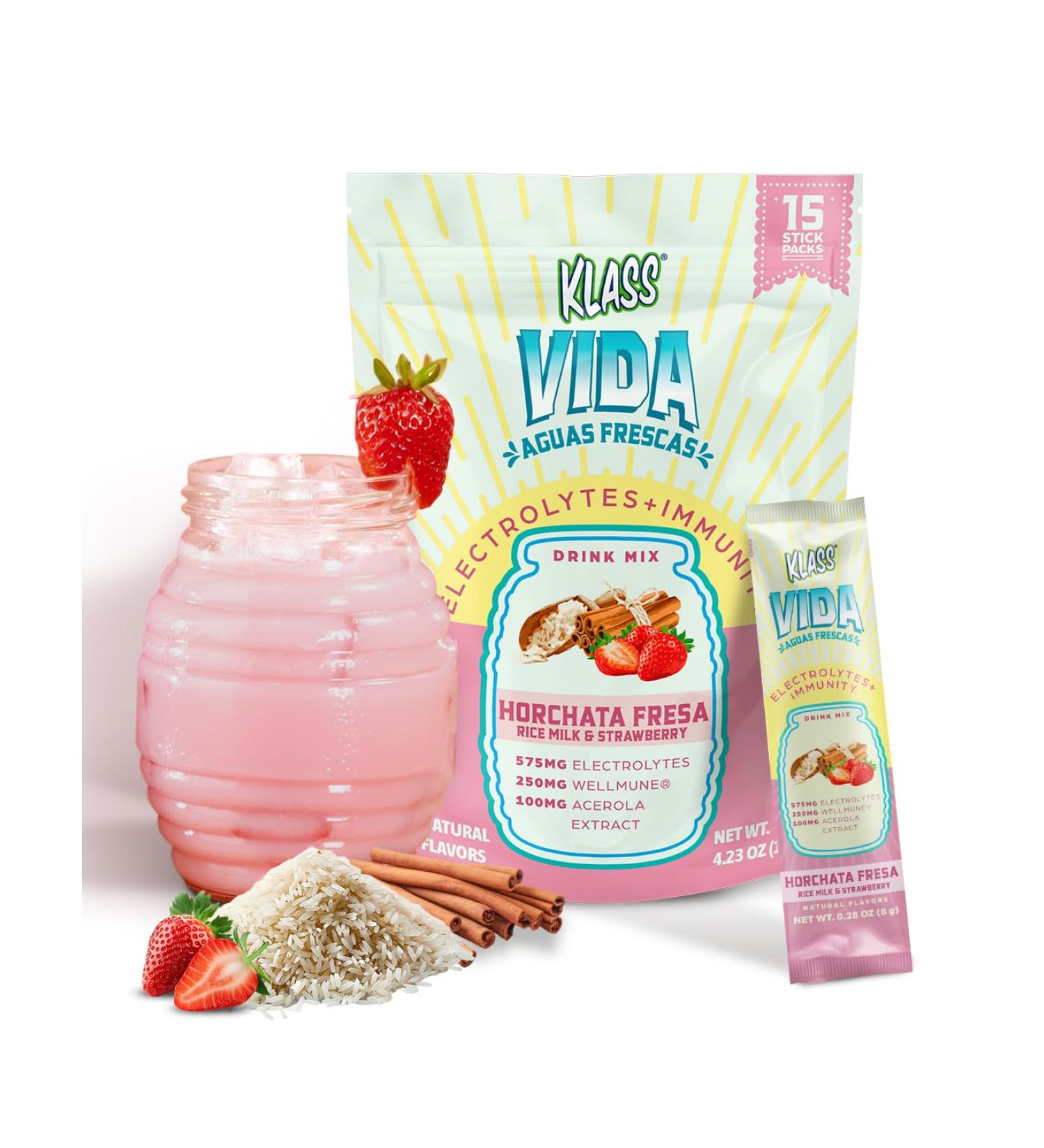 KLASS VIDA Hydration + Immunity Electrolyte Drink Mix Strawberry Horchata Agua Fresca | Sugar-Free Powder with Wellmune Acerola Coconut Water & Minerals | 15 Single-Serve Stick Packs - Buy Online on GoSupps.com