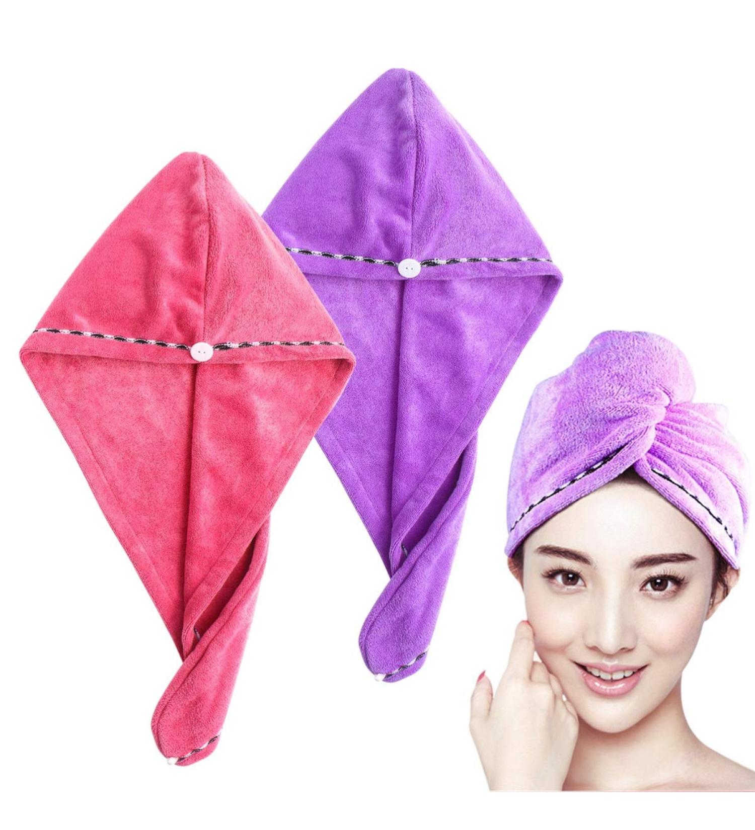 Frcolor Hair Drying Towel Set - Ultra Absorbent Twist Hair Turban Duo in Pink Purple | Hair Wrap Cap for Quick Drying - Buy Online on GoSupps.com