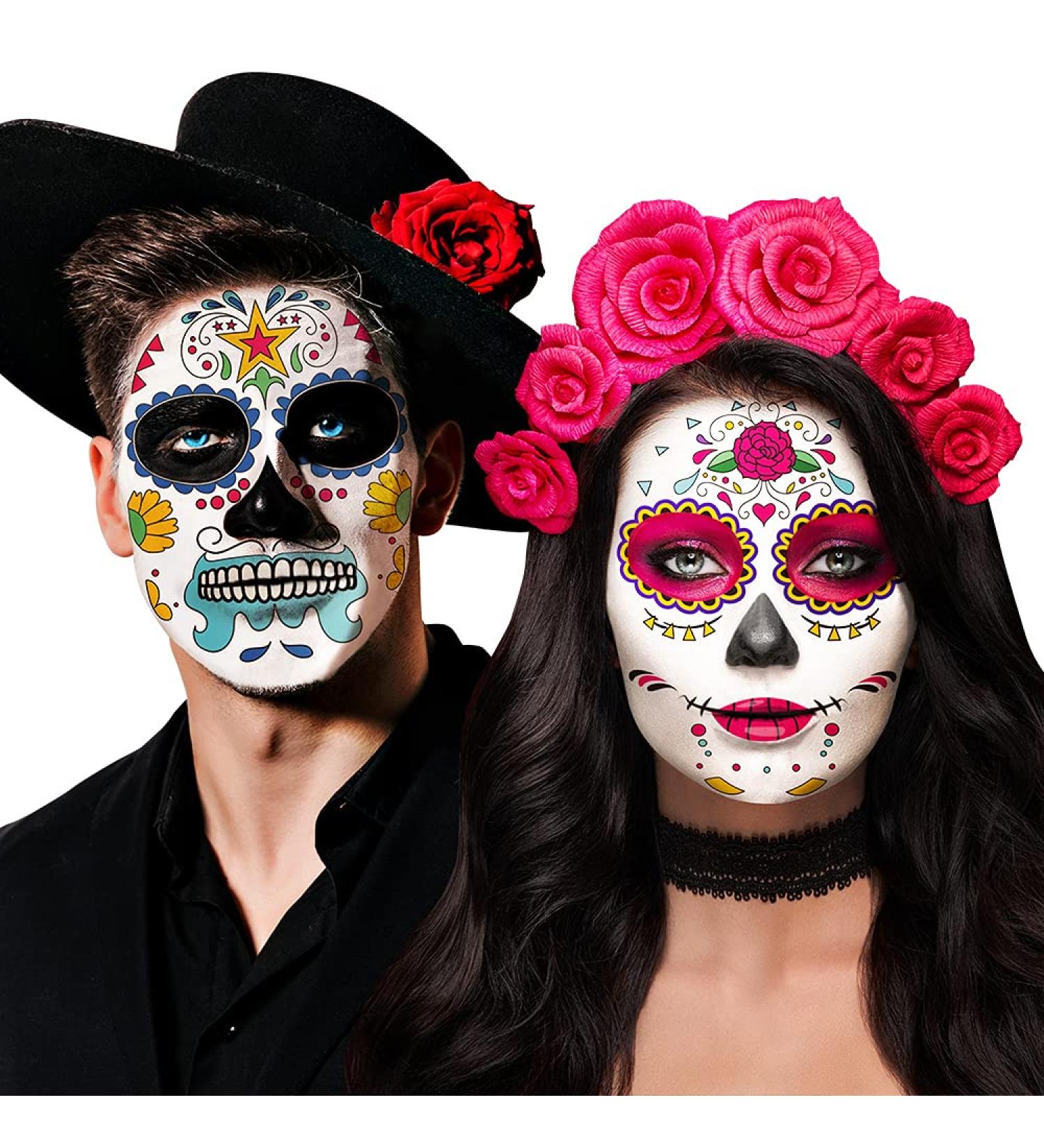 Day of the Dead Sugar Skull Face Tattoos - 10 Sheets Halloween Temporary Makeup for Women/Men/Adults - Dia De Los Muertos Party Costume Stickers - Buy Online on GoSupps.com