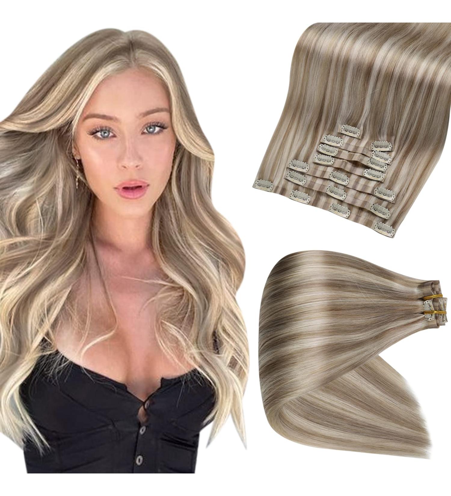 FSHINE Clip-In Hair Extensions - 7 Pcs Real Human Hair - Platinum Blonde Highlights - Seamless Remy Hair - 250cm #8P60 - Buy Online on GoSupps.com