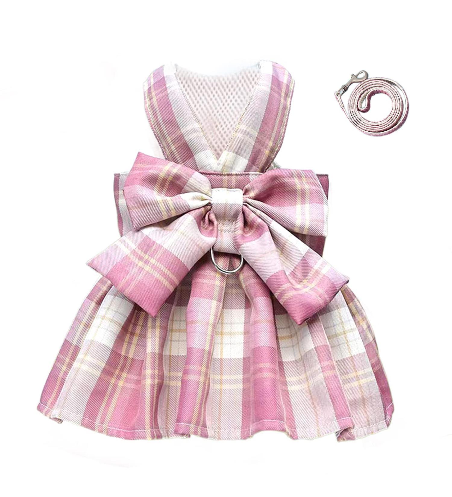 Tikwek Pink Plaid Dog Dress with Bow Tie Harness Leash Set - XS to M Sizes - Cute Puppy Outfit for Small Girl Dogs - Buy Online on GoSupps.com