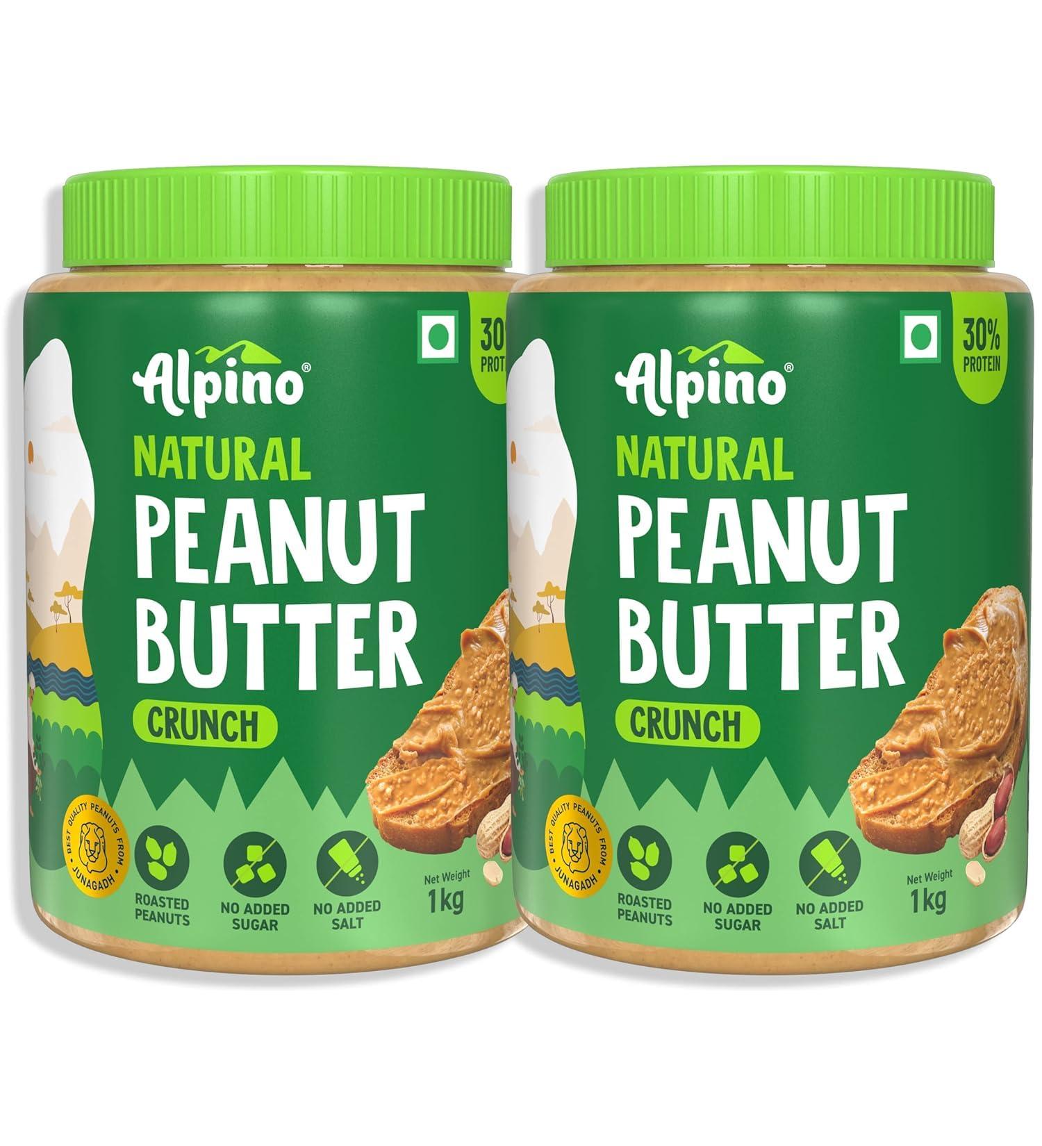 ALPI NO Natural Peanut Butter Crunch 2kg - 100% Roasted Peanuts - 30g Protein No Added Sugar & Salt Gluten Free Vegan Plant Based Unsweetened Peanut Butter Crunchy - 1kg Pack of 2 - Buy Online on GoSupps.com