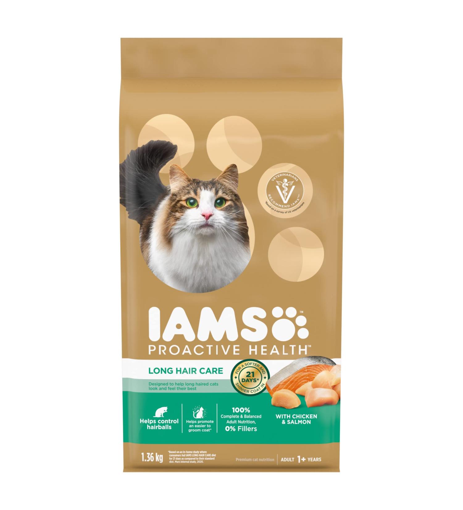 IAMS Proactive Health Dry Cat Food Adult Long Hair Care Chicken & Salmon 1.36kg Bag 1.36 kg - Buy Online on GoSupps.com