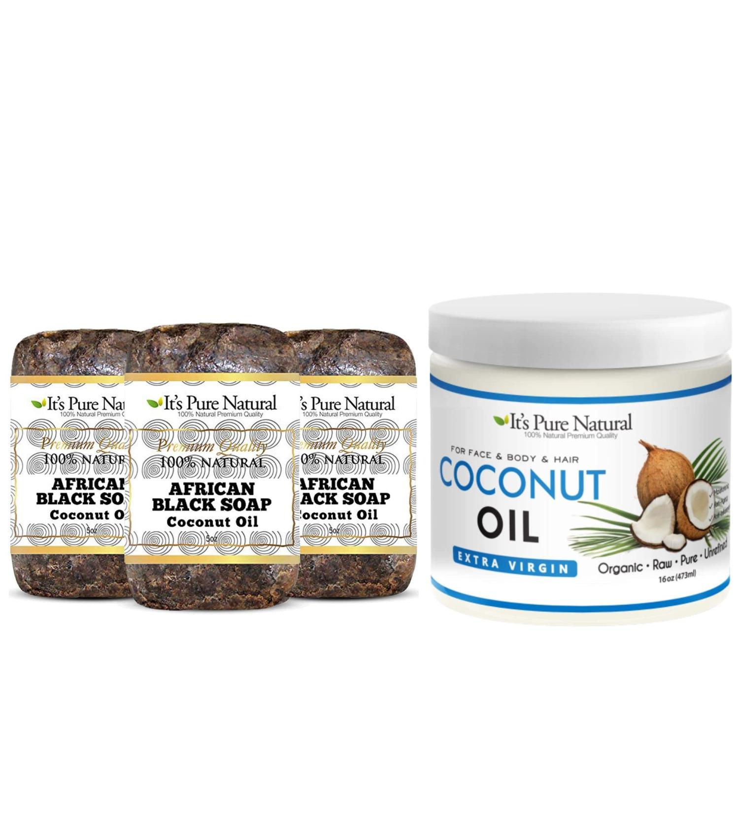 It's Pure Natural Bundle of Extra Virgin Organic Unrefined Raw Coconut Oil (16 oz) for Skin with Coconut Oil (Pack of 3) Soap for Face & Body Acne Treatment & Dark Spot Remover - Buy Online on GoSupps.com