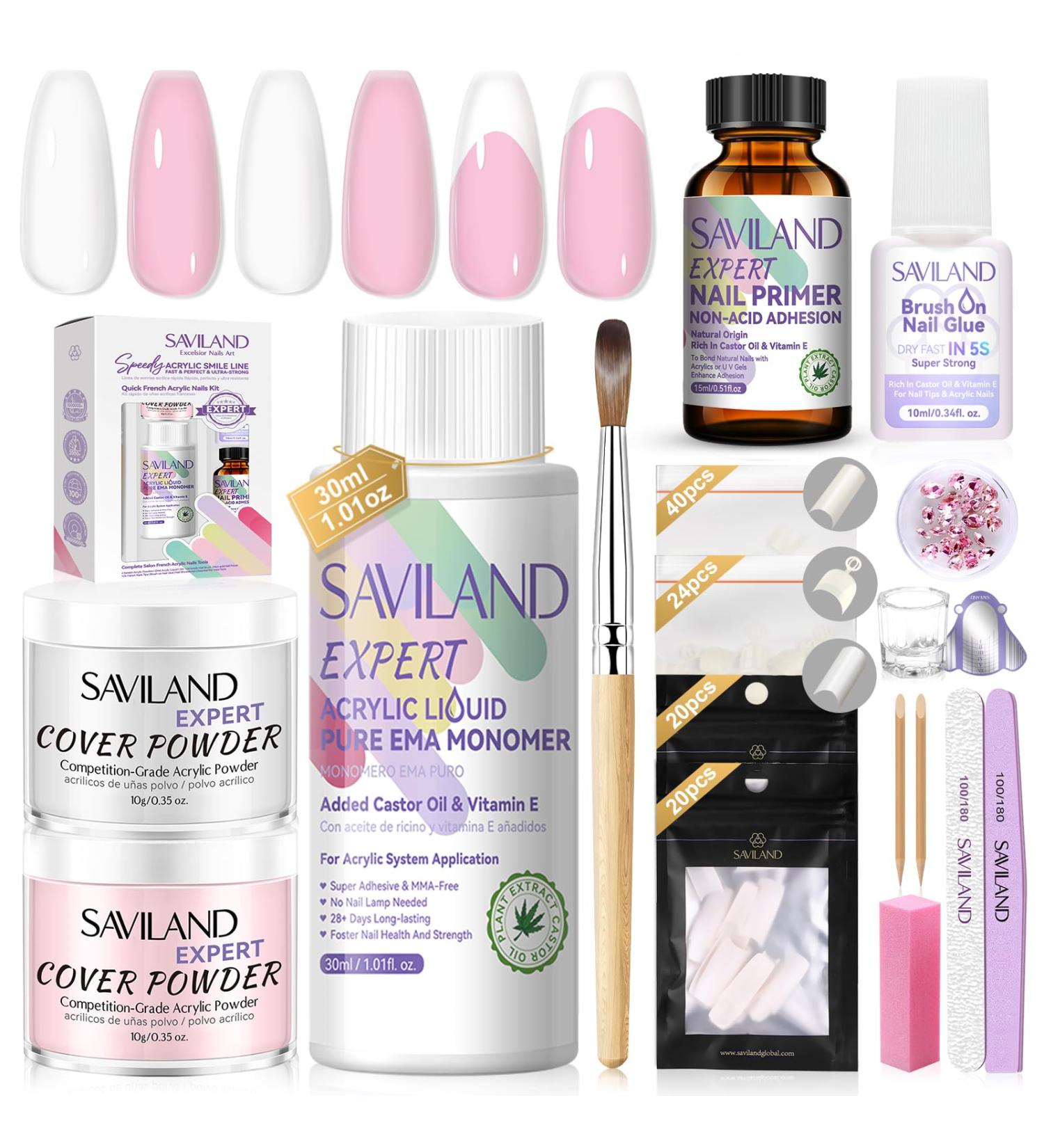 SAVILAND Acrylic Nail Kit - Complete Set with Keratin Powder Castor Oil Vitamin E Nail Primer Glue French Tips & Pink Rhinestones for Beginners - DIY Home Salon Essentials - Buy Online on GoSupps.com