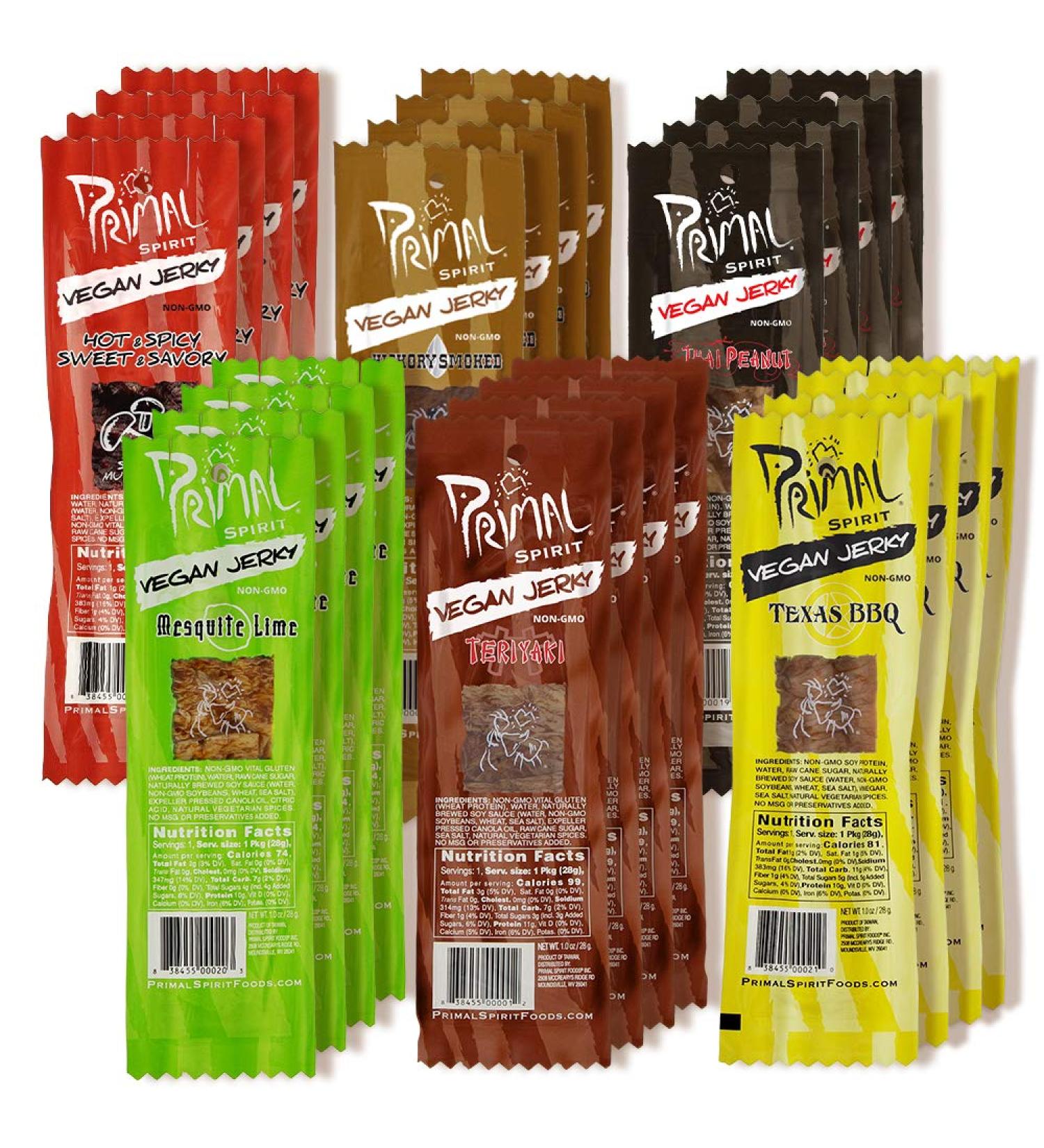 Primal Spirit Vegan Jerky Sampler Pack - Plant Based Protein - Non-GMO - 24-Pack 1 oz - Thai Peanut, Mesquite Lime, Teriyaki, Hot & Spicy, Hickory Smoked, Texas BBQ - Buy Online on GoSupps.com