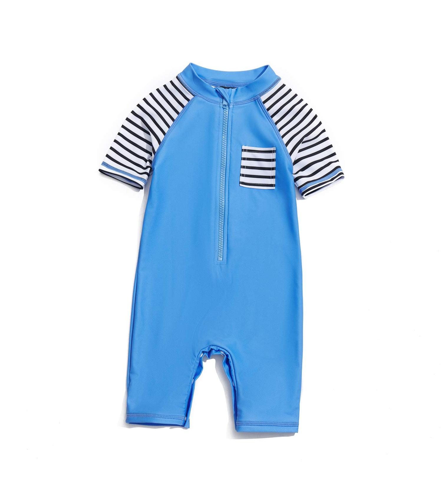 BONVERANO Baby Boys Swimsuit | Toddler Bathing Suit UPF 50+ Sun Protection | Short-Sleeve Zipper One Piece Swimwear | 2-3 Years Blue Pocket - Buy Online on GoSupps.com