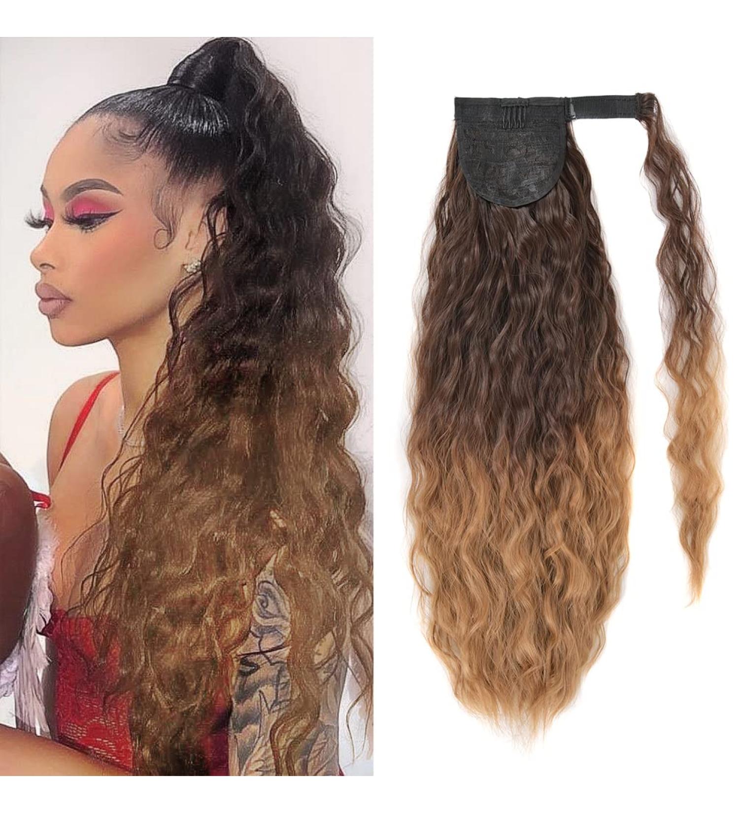 22 Inch Corn Wave Ponytail Extension - Clip-In Wavy Curly Heat Resistant Hairpiece (Brown to Blonde #6T27) - Buy Online on GoSupps.com