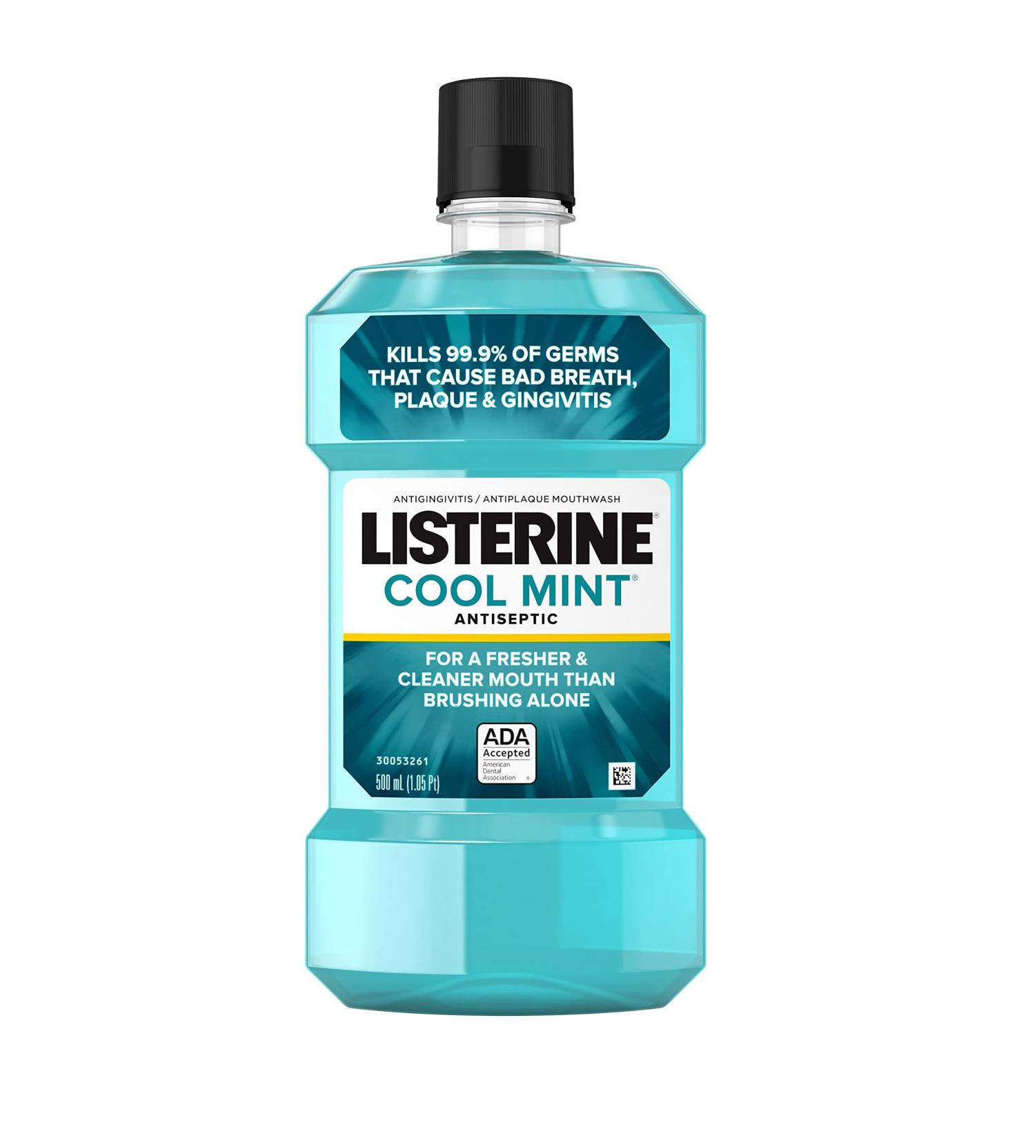 LISTERINE Cool Mint Antiseptic Mouthwash - Kills 99% of Germs, Fights Bad Breath & Gingivitis - ADA Accepted, Cool Mint Flavor - 500mL - Buy Online on GoSupps.com