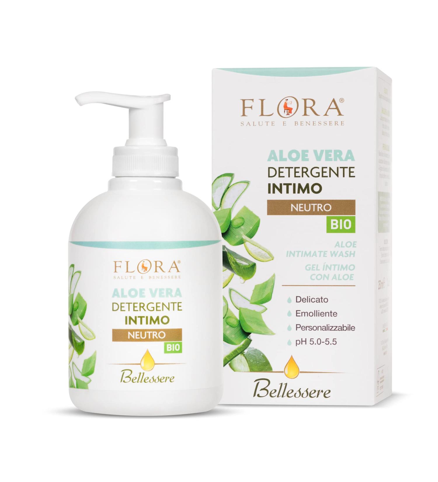 Flora Intimate wash ALOE VERA pH 5.0-5.5 - 250 ML - NEUTRA line with Aloe vera juice to help those suffering from allergies or sensitive skin formulated to blend with 100% pure essential oils