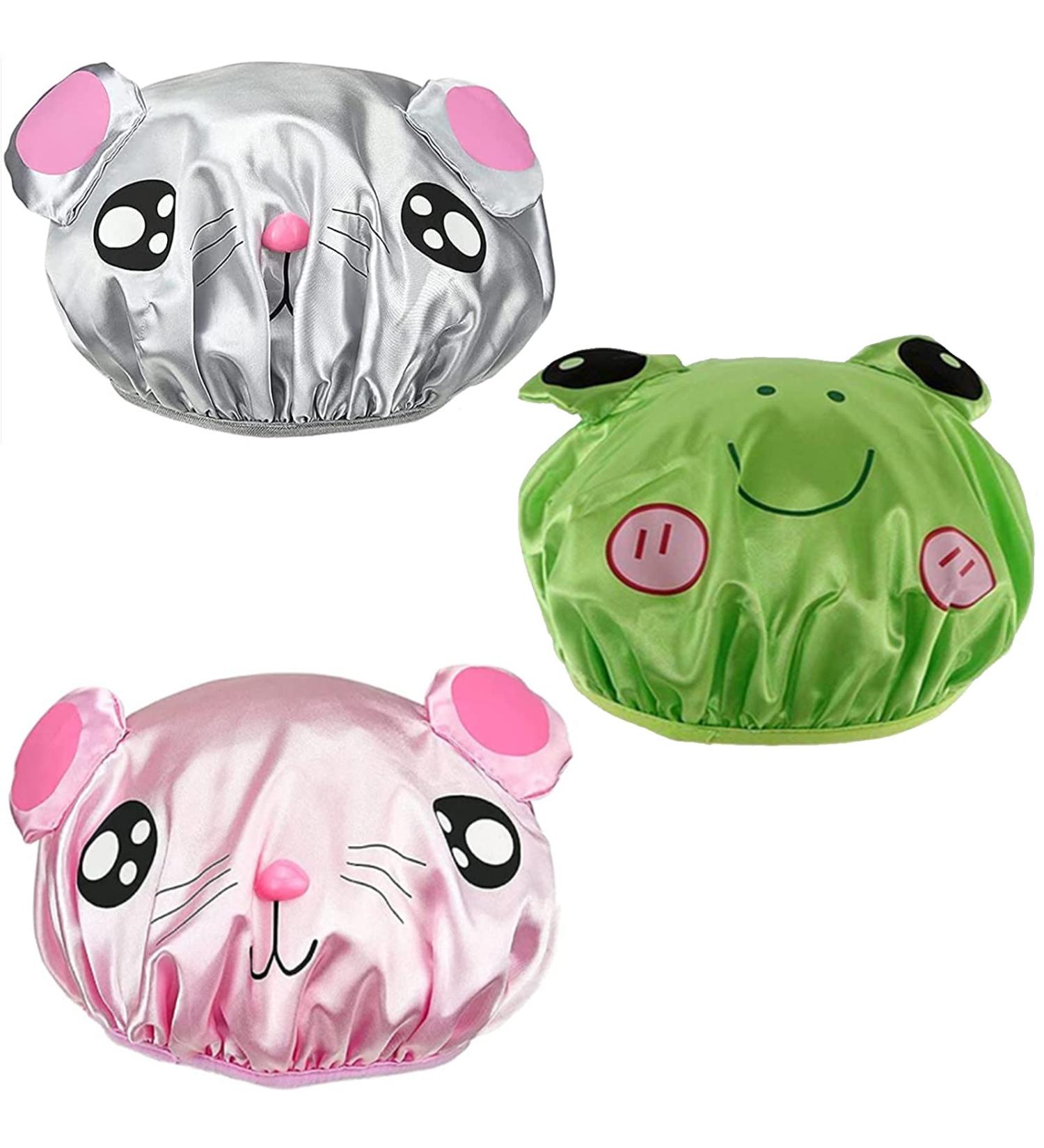 Bath Reusable Shower Caps for Kids with Long/Thick Hair - Cute Waterproof Cartoon Animal Design - Double Layer Bathing Hat for Boys, Girls, Women (Pink Mouse/Gray Mouse/Green Smile Frog) - Buy Online on GoSupps.com