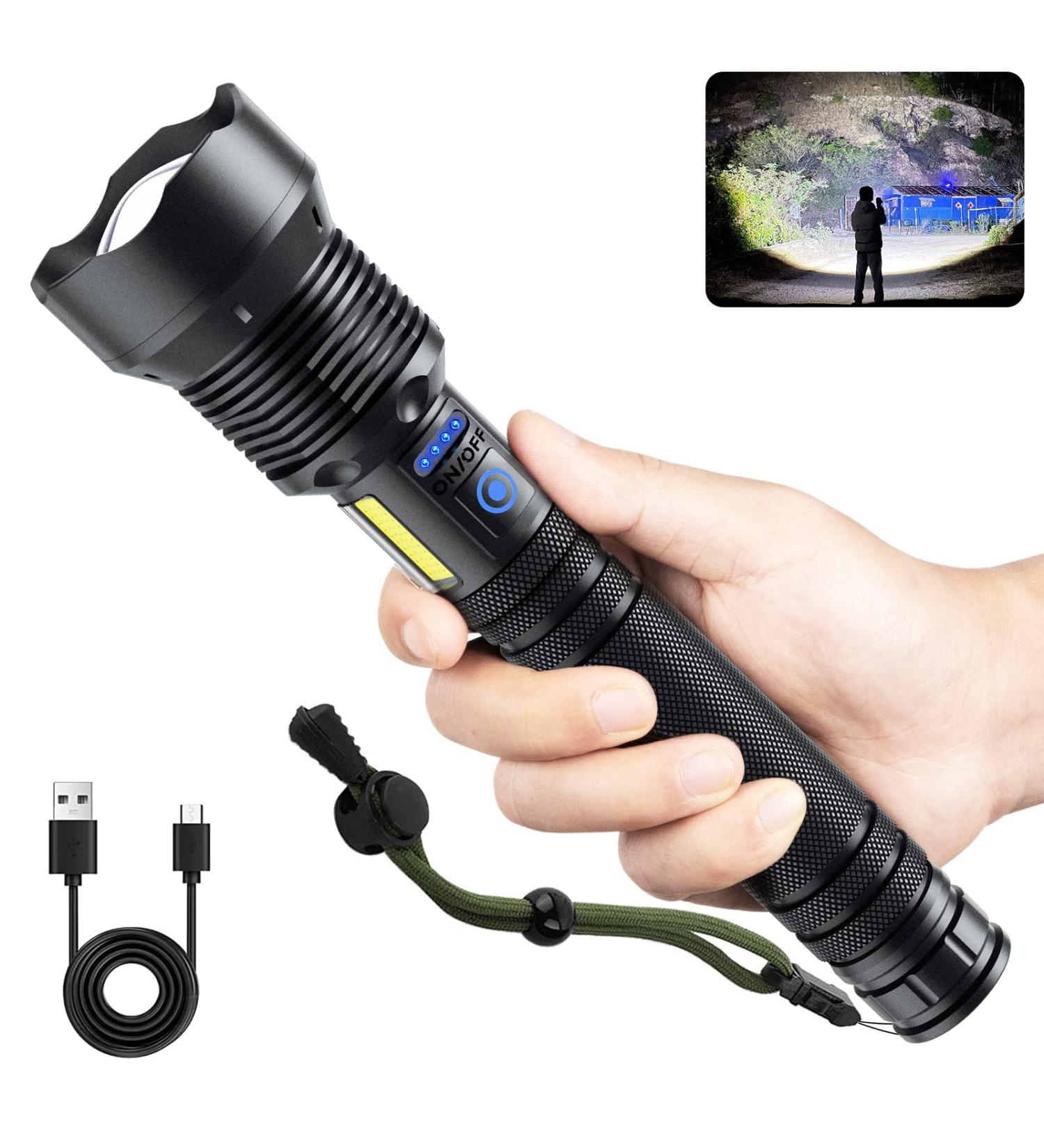 Cinlinso Rechargeable Flashlight | 150000 Lumens Super Bright LED | 7 Modes COB Work Light | IPX6 Waterproof | Handheld for Hunting, Camping, Emergencies - Black - Buy Online on GoSupps.com