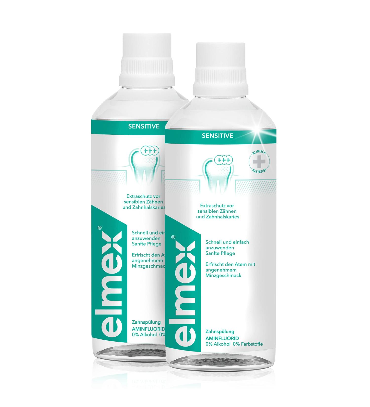Elmex Mouthwash Sensitive 2x400 ml - Alcohol-Free Rinse for Sensitive Teeth & Tooth Neck Caries - Daily Mint Flavor Protection - Buy Online on GoSupps.com