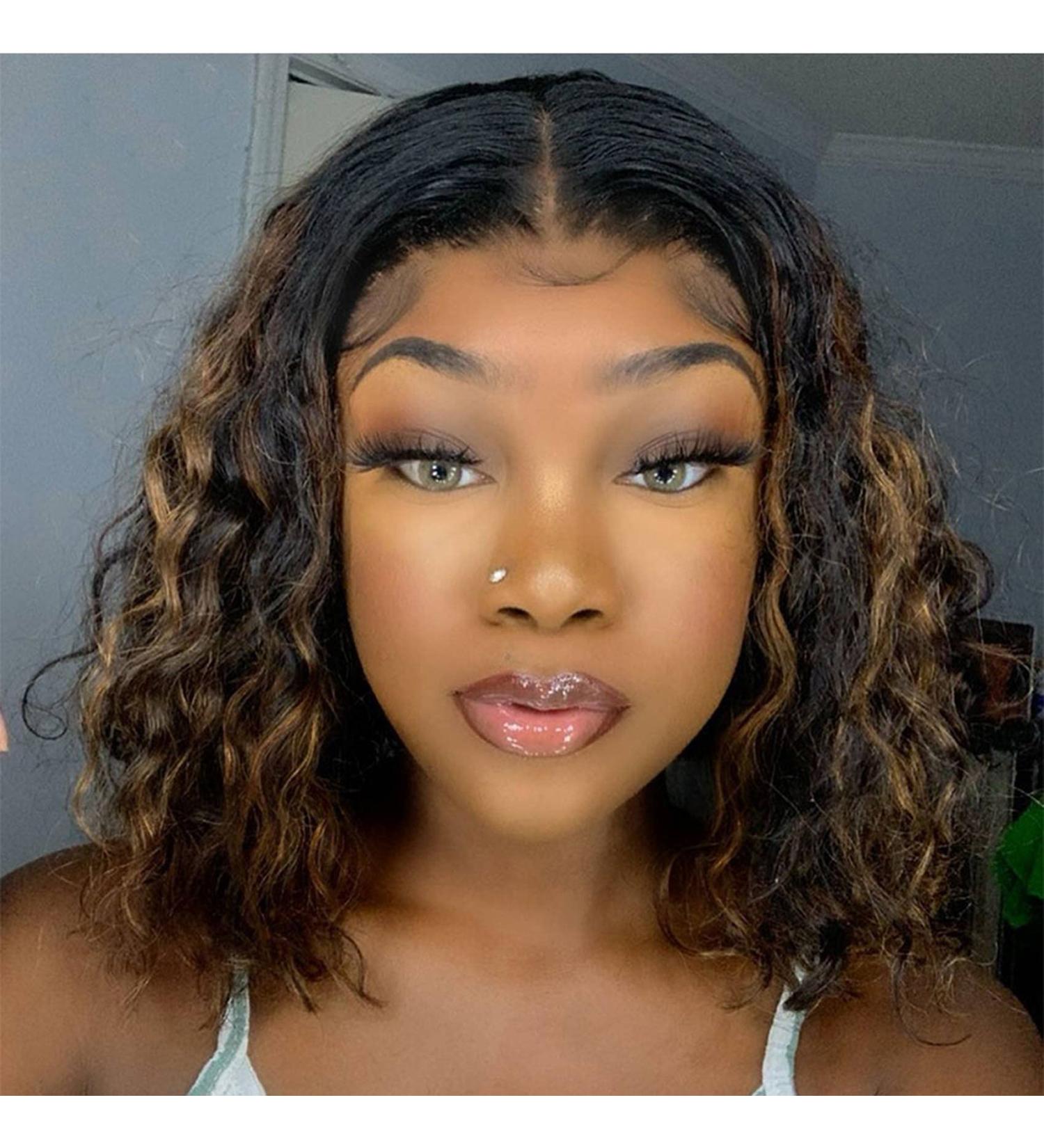 Highlight Short Bob Human Hair Wigs - 12 Inch Curly Lace Closure Wig for Black Women - Buy Online on GoSupps.com