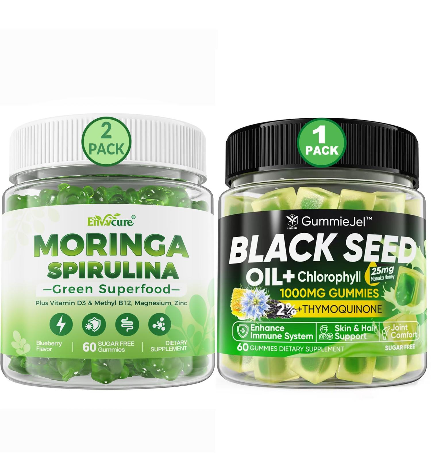 EnvyCure 2 Pack Moringa Spirulina Gummies Organic with 1 Pack Black Seed Oil Gummies - Buy Online on GoSupps.com