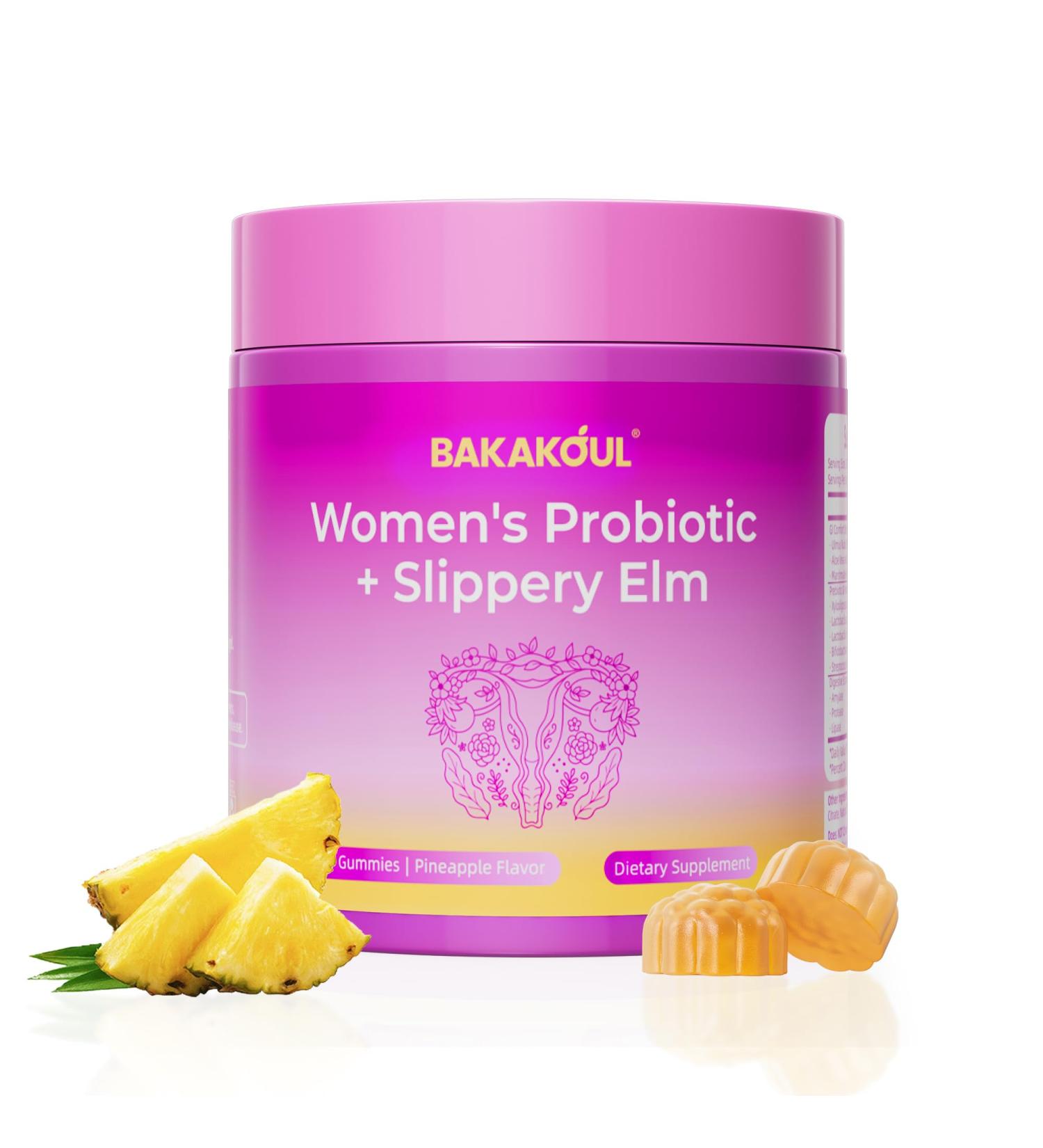 BAKAKOUL Feminine Probiotics Gummies for Women Vaginal Probiotics with Slippery Elm Prebiotics & Probiotics Supports pH Balance Immune Health Vegan Non-GMO Pineapple Flavor 60 Gummies 1 Pack - Buy Online on GoSupps.com