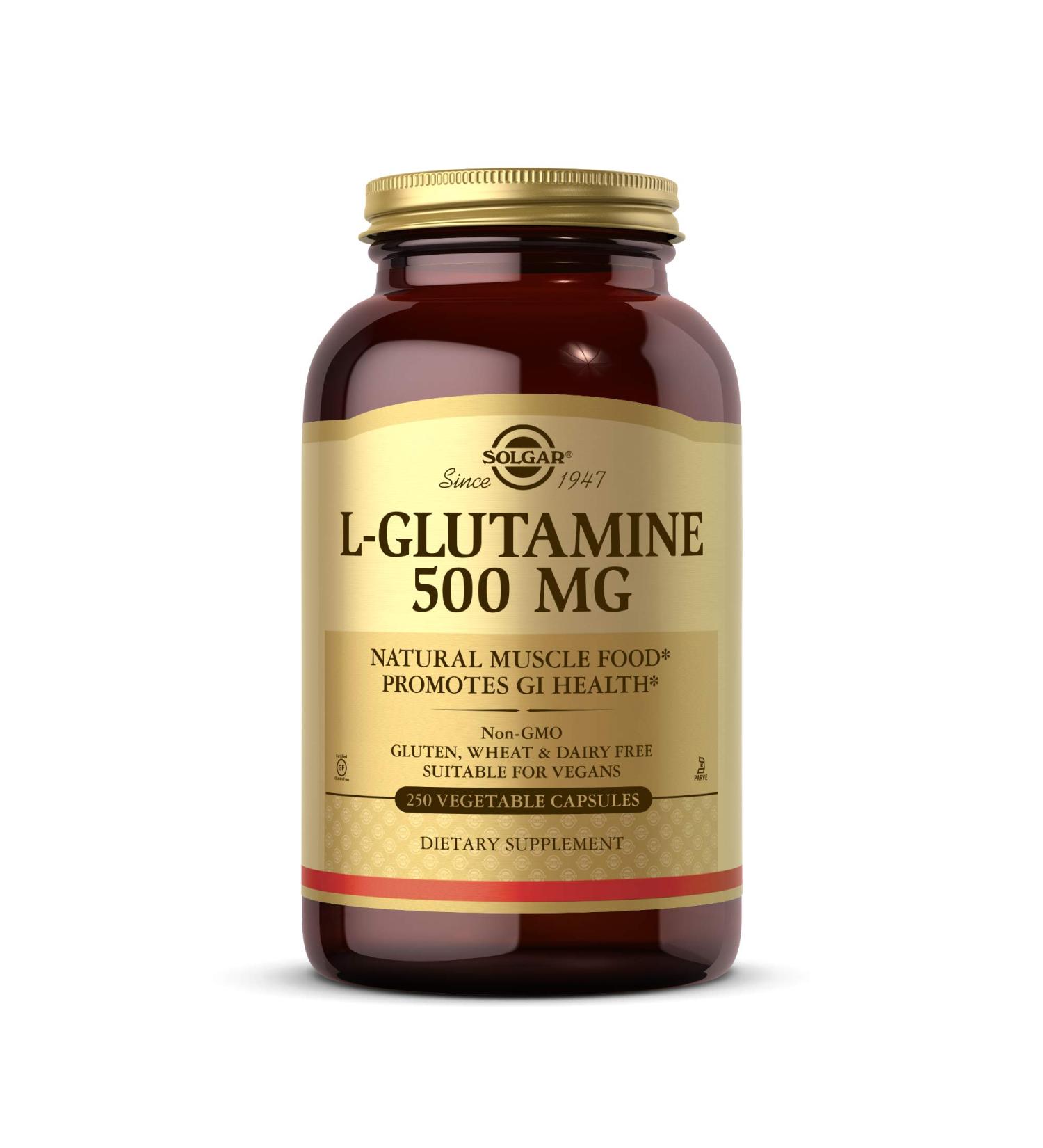 Solgar L-Glutamine 500 mg - 250 Vegetable Capsules for Muscle Recovery & Gut Health - Buy Online on GoSupps.com
