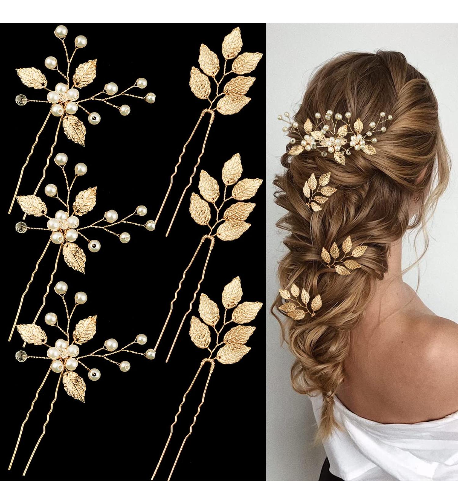 Gold Leaf Crystal Pearl Wedding Hair Pins - Set of 6 Vintage Bridal Accessories with Rhinestone for Brides, Bridesmaids, Flower Girls - Buy Online on GoSupps.com