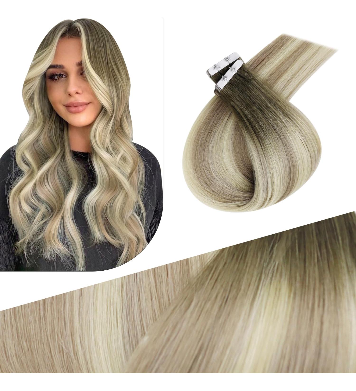 FSHINE 40cm Balayage Light Brown & Blond Tape In Extensions - Virgin Remy Hair #4/7/80 20g - Natural Straight Injected Adhesive - Buy Online on GoSupps.com