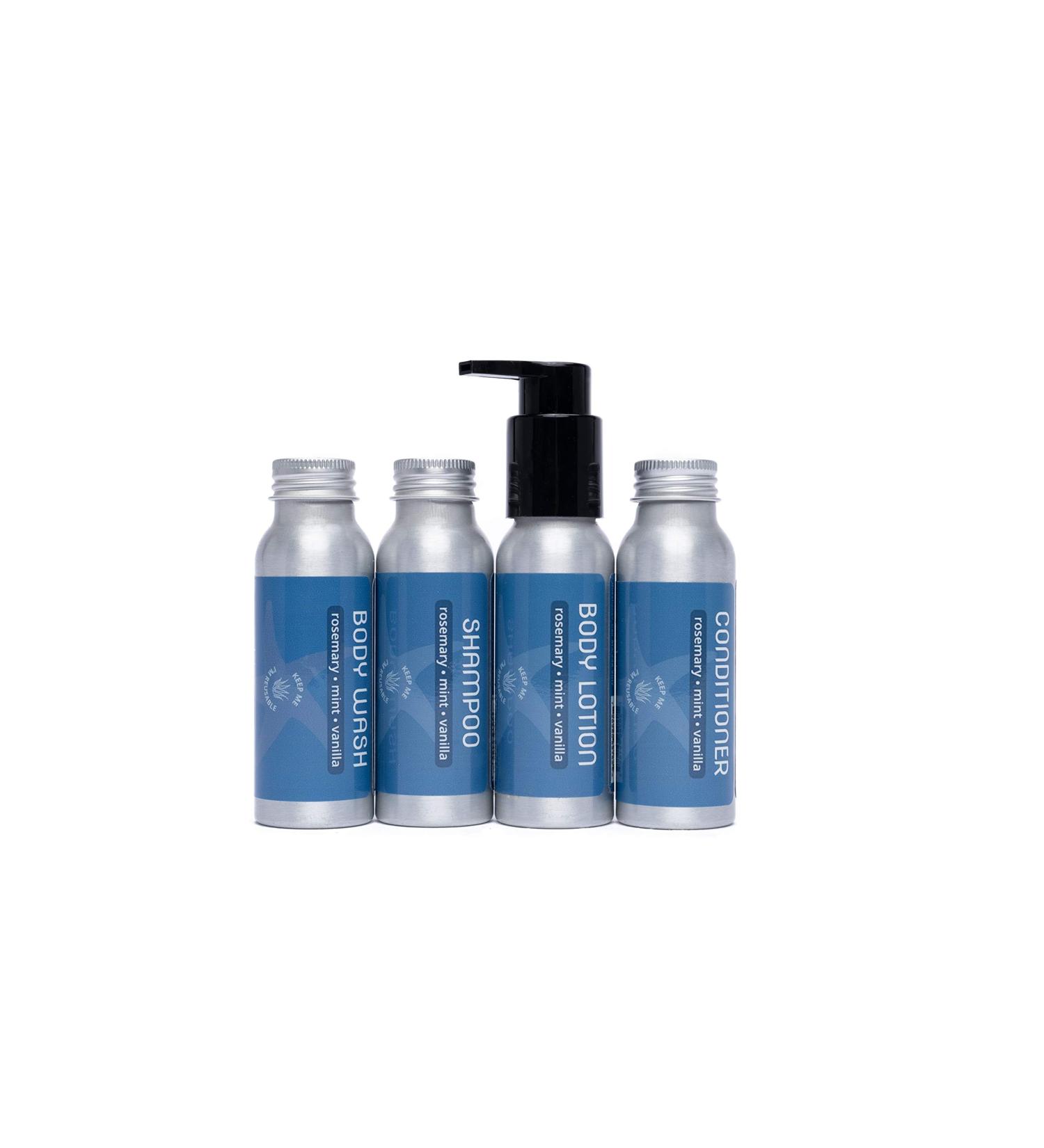Travel Size Shampoo Conditioner Body Wash and Body Lotion - Rosemary Mint Vanilla - Sulfate Free Refillable Bottle 2.5 oz